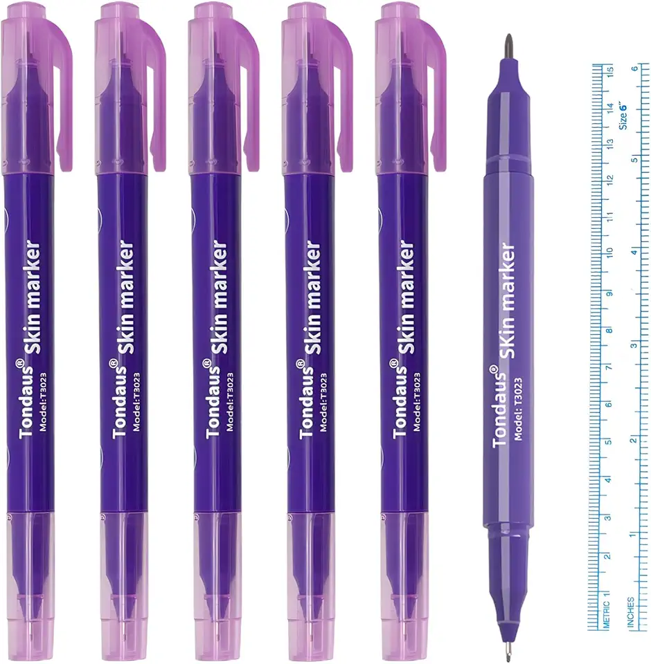 Pacote com 6 canetas marcadoras de tatuagem de maquiagem permanente roxa com régua sobrancelha microblading marcadores de ponta de tatuagem (cabeças duplas - barril de caneta roxa)