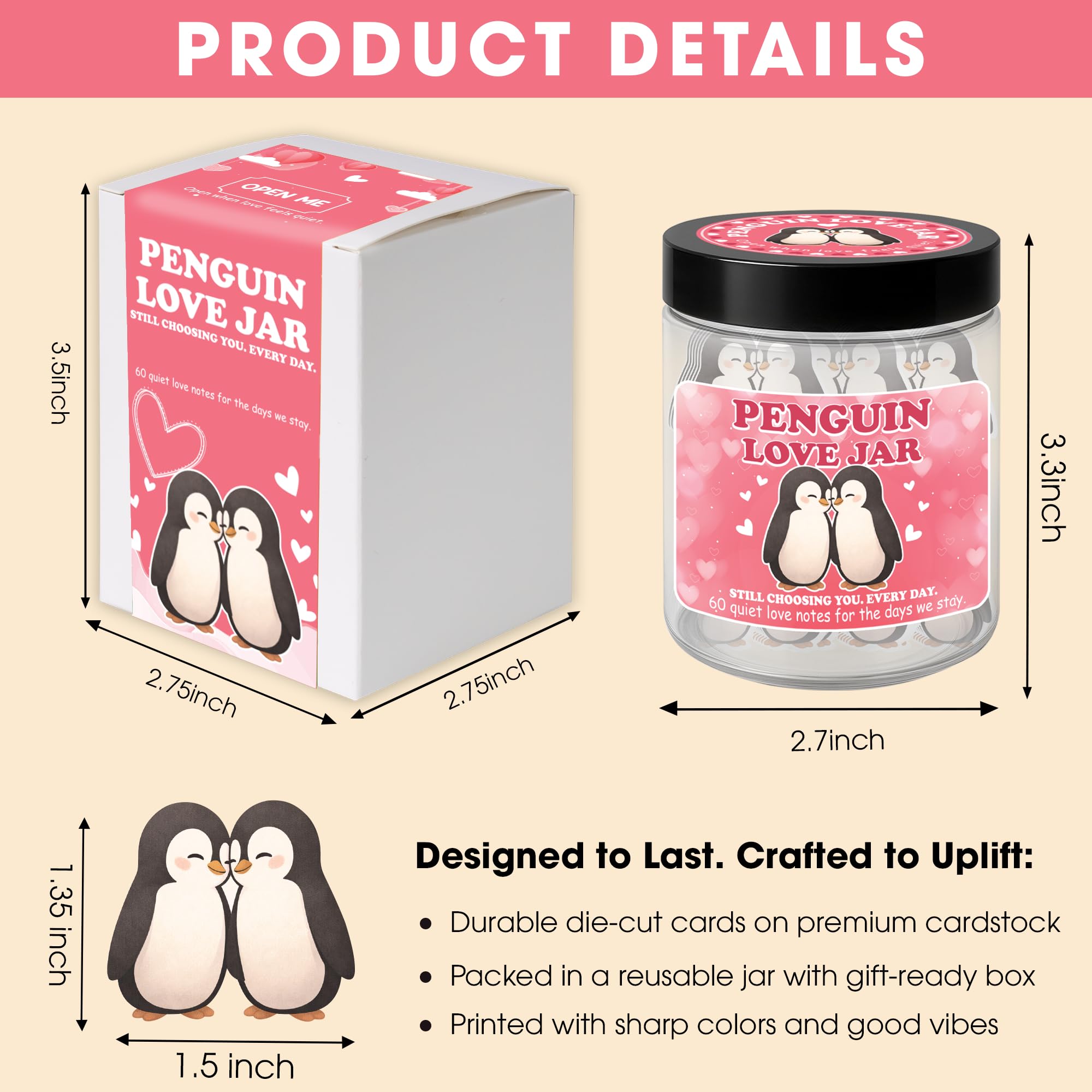 Love Notes Penguin Jar, 60 Penguin Love Notes, Valentines Day Gift for Her, Him, Girlfriend Boyfriend Valentines Day Gifts, Anniversary Birthday Christmas Gift for Couples