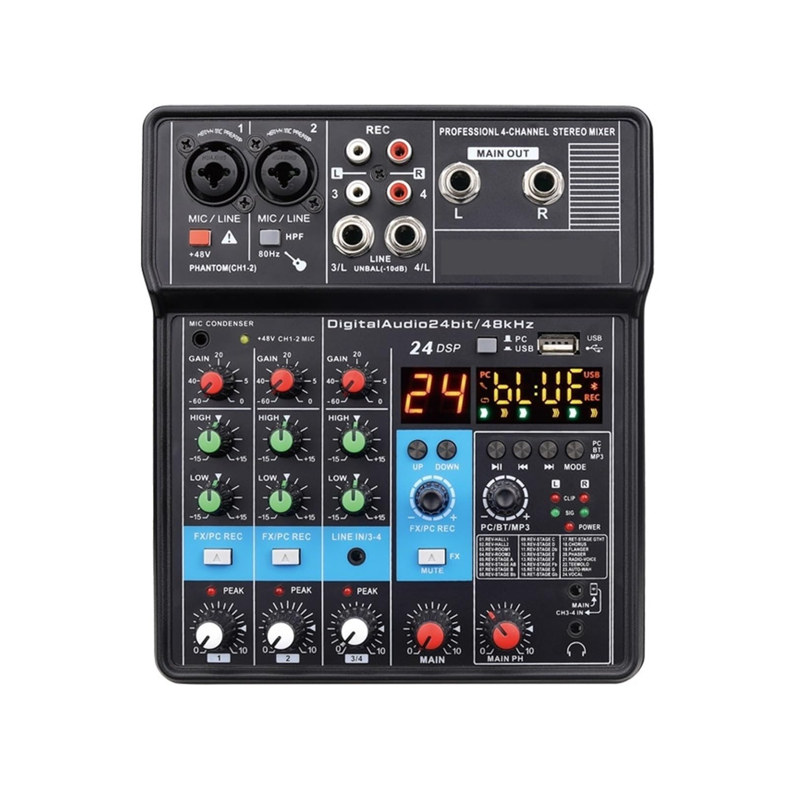 Mikser dźwięku, 4-kanałowa mini karta dźwiękowa miksera audio DJ 16 efektów cyfrowych konsola redukcji szumów nagrywanie USB do śpiewania