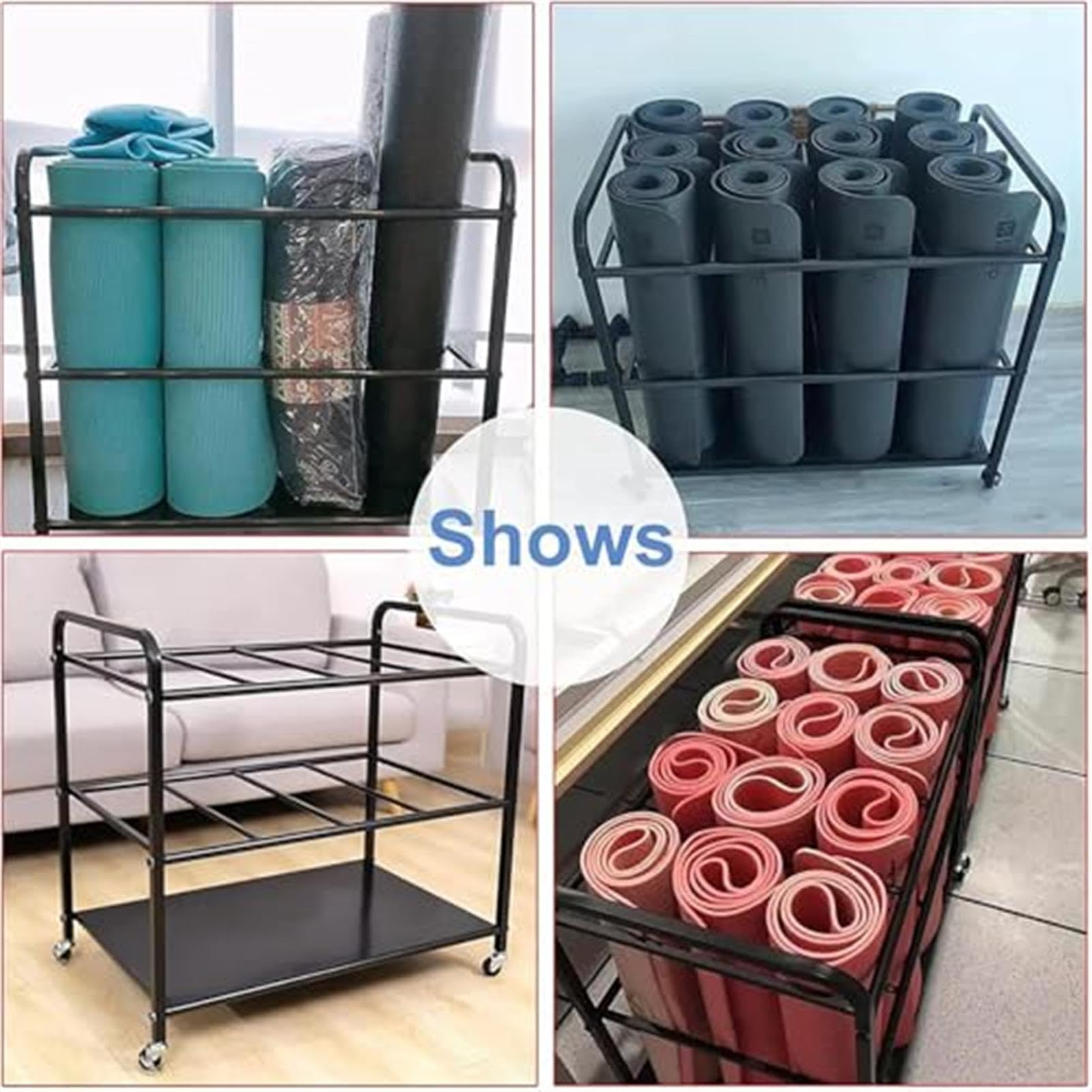 Stojak do przechowywania mat do jogi z kółkami, metalowy organizer do domowej siłowni, duża pojemność na maty do jogi, rolki piankowe, hantle, kettlebells, taśmy oporowe