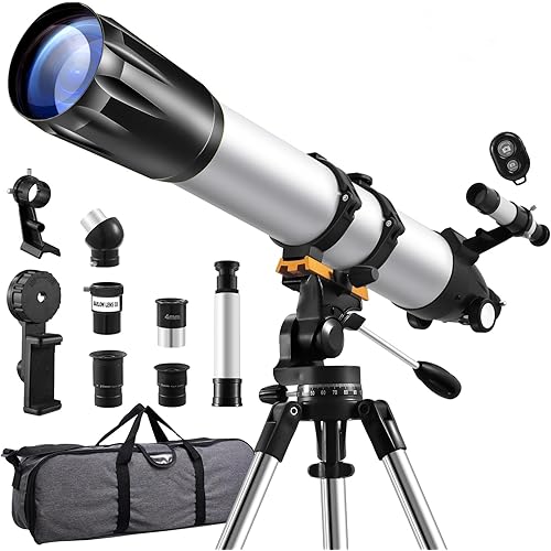 Telescope,90mm Aperture 900mm Refractor Telescopes,Magnification 450X High Powered Telescope,Professional Telescopes for Adults & Kids with Remote Control,Phone Adapter,Tripod,Carrying Bag