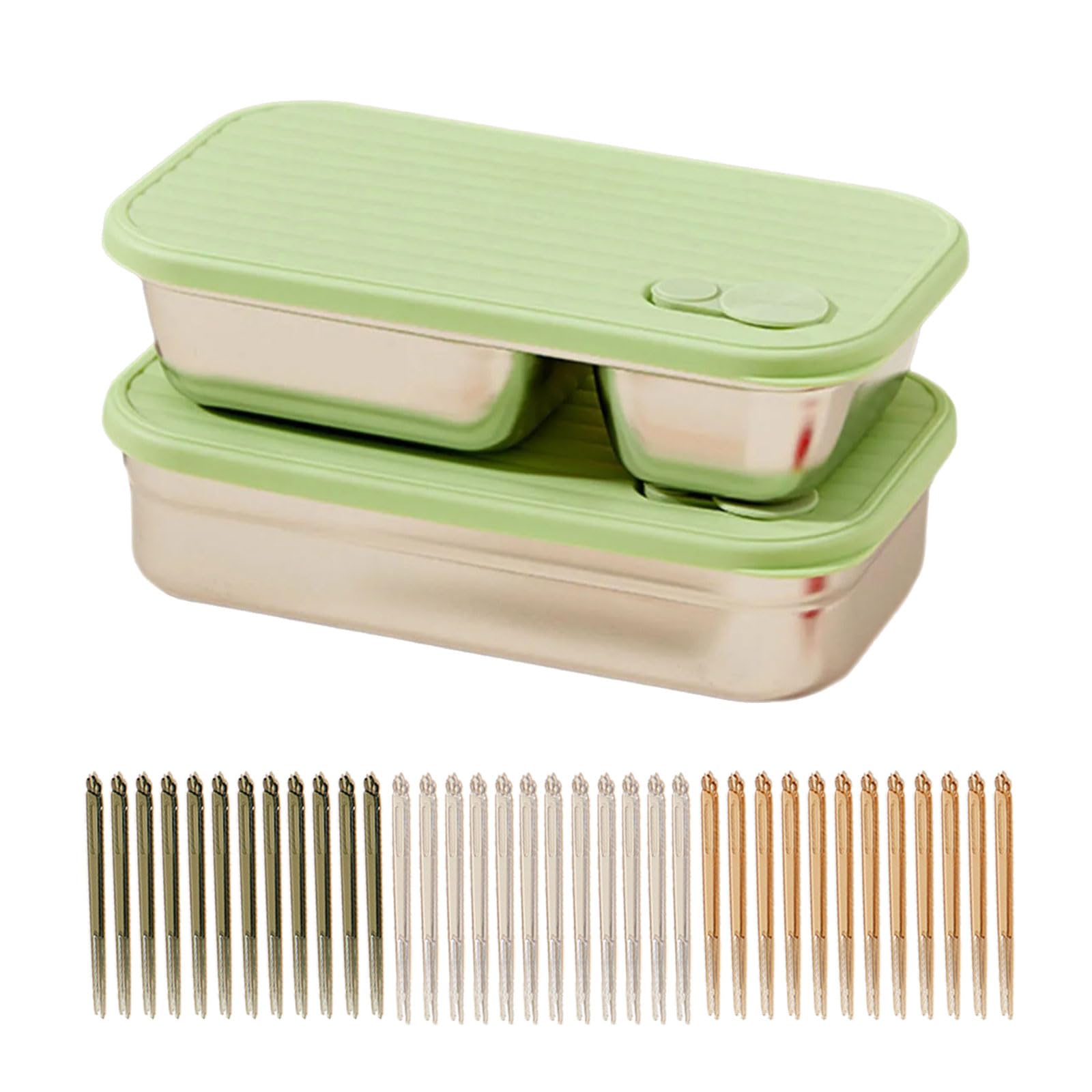 Msioytog Two Packs Green 304 Stainless Steel Leak Proof Fruit Salad Bentos Box Stackable Silicone Seal Food Container Eating Lunch Holder School Lunch Container