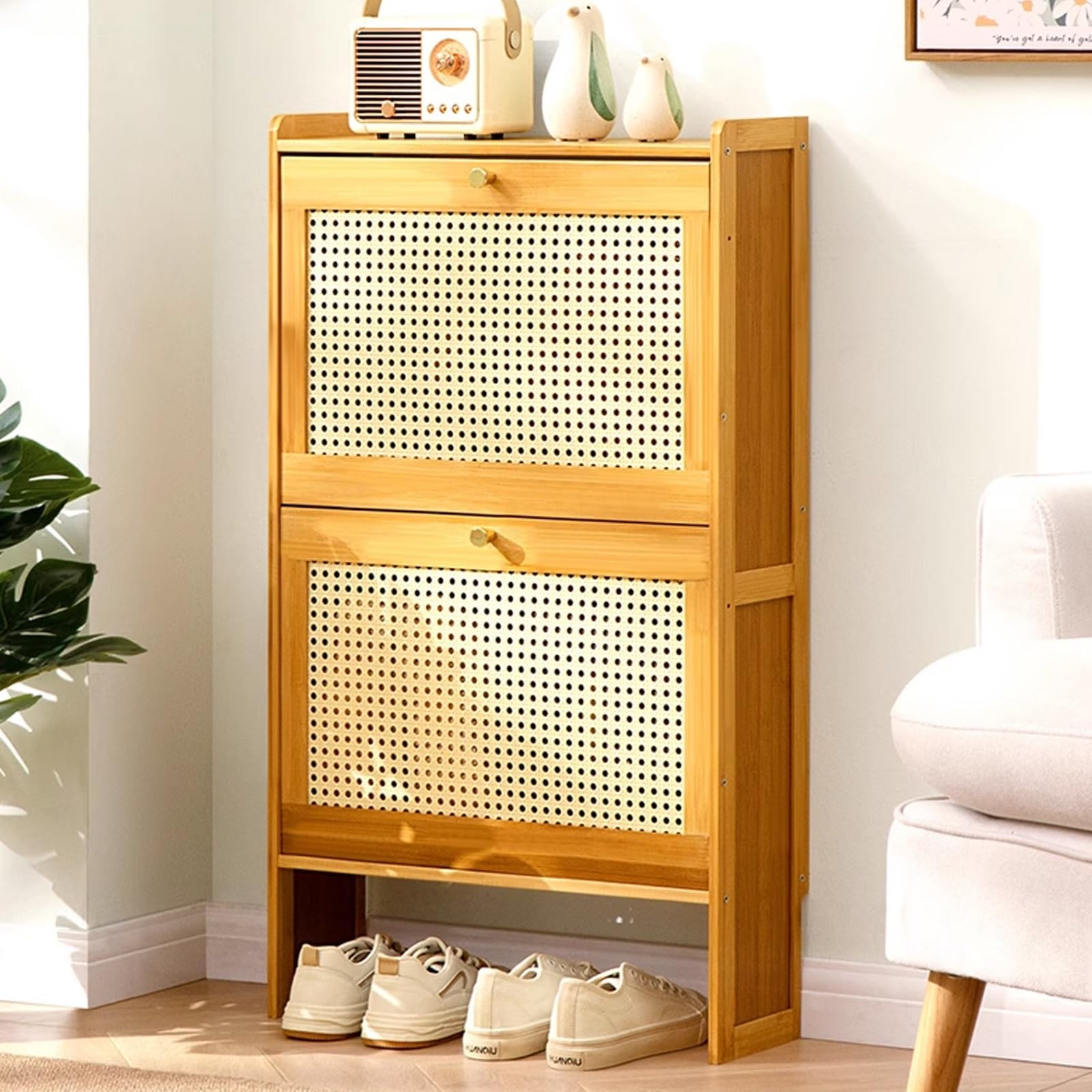 SVFOEBJM Shoe Storage Cabinet, Shoe Cabinet for Entryway Narrow, Plastic Rattan Shoe Cabinet, Freestanding Wooden Shoe Rack Storage Cabinet for Entryway Hallway Bedroom