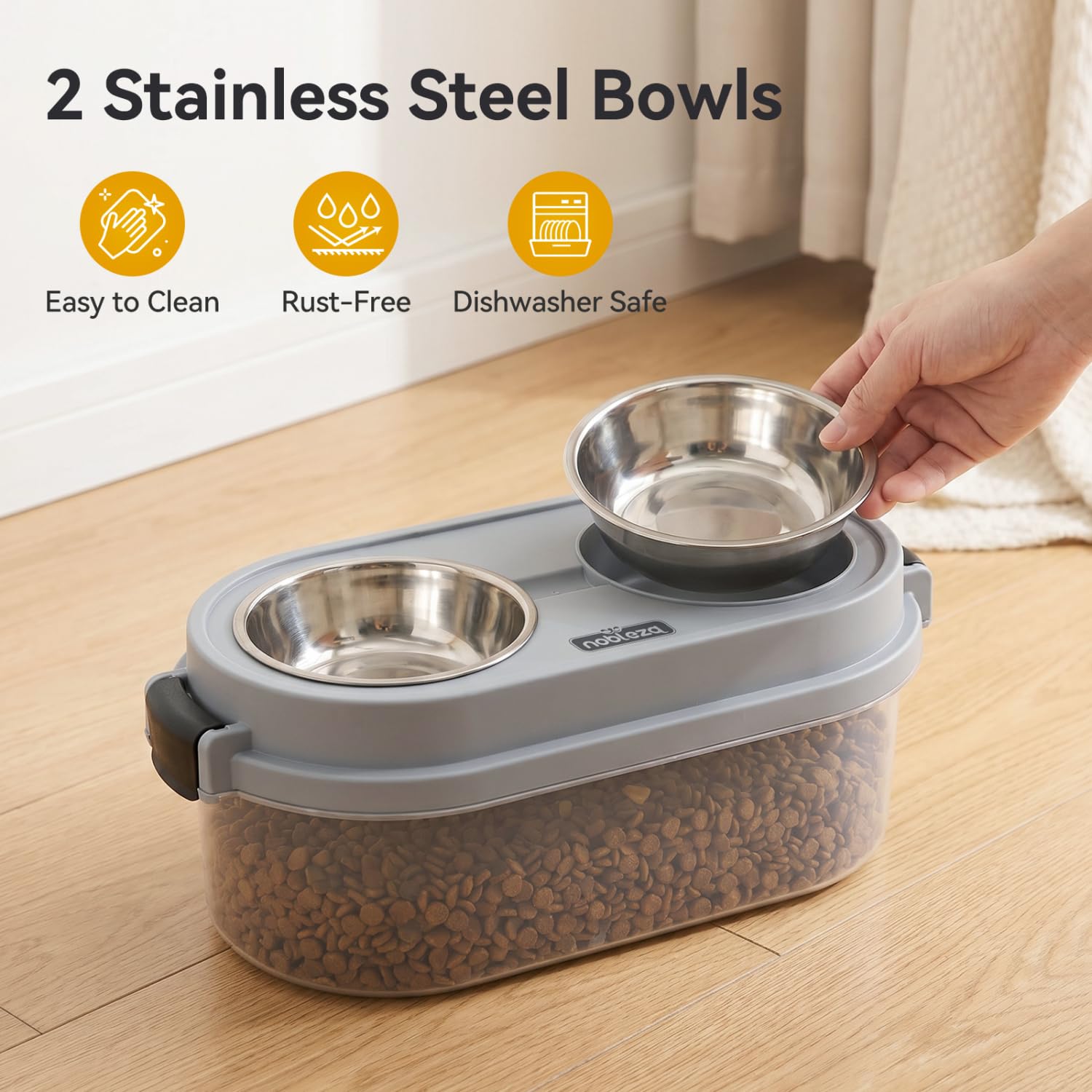 Nobleza 2 in 1 Ciotola per Cani Rialzata con Contenitore Ermetico, 5L + 2 * 400ml Ciotole in Acciaio Inossidabile – Alimentatore per Cani Piccoli e Medi, Grigio