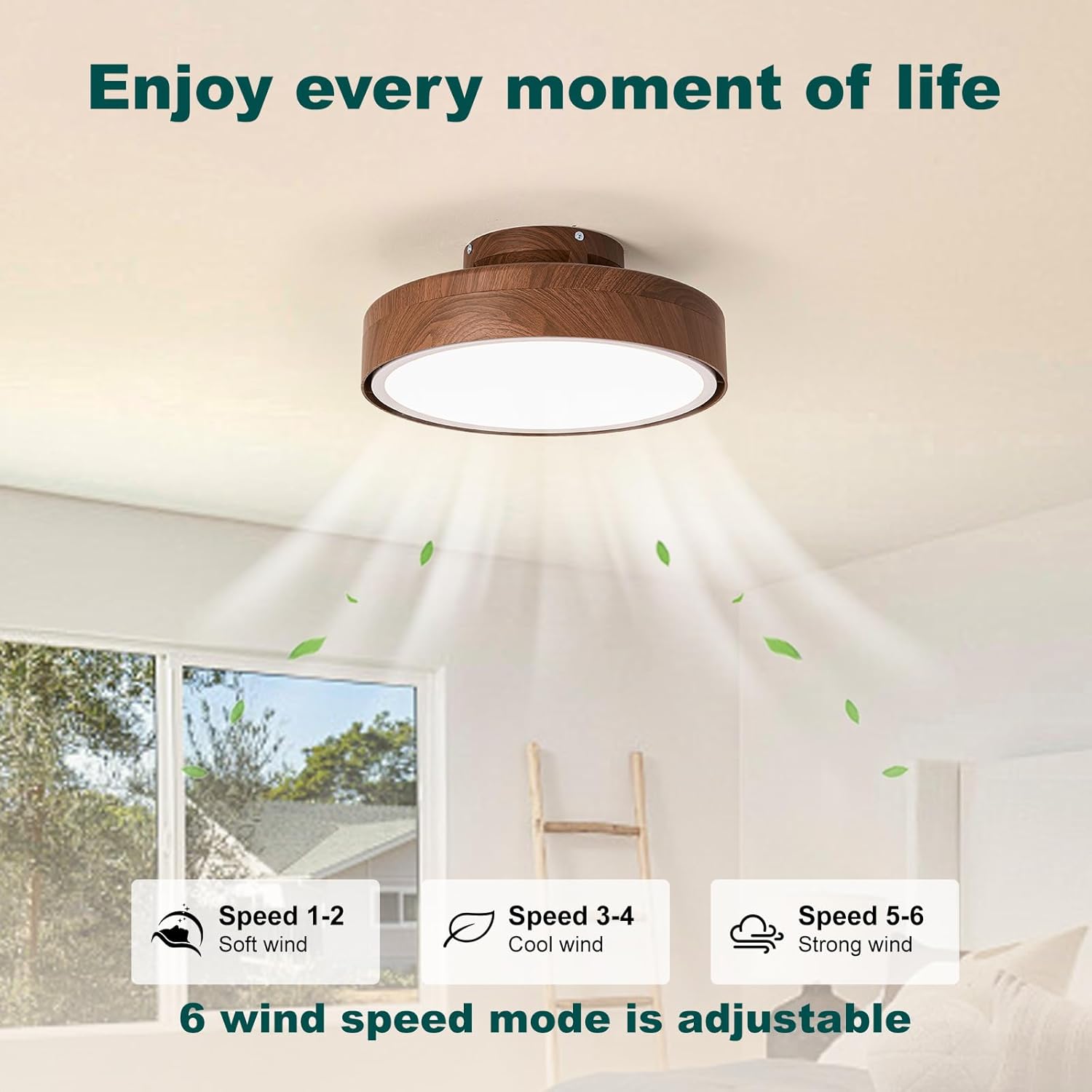 Modern Bladeless Ceiling Fan with Light and Remote, 17.7″ Flush Mount Enclosed Chandelier Fans, Stepless Dimming LED Ceiling Fan Light for Bedroom Living Room, Walnut