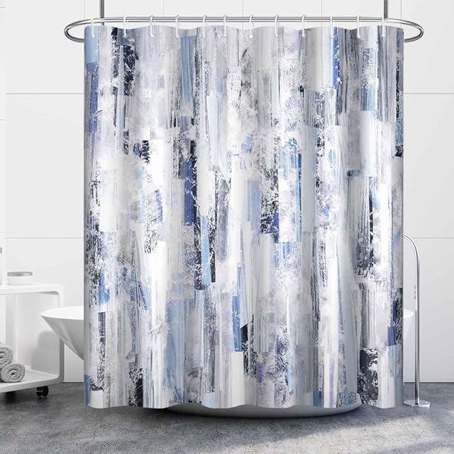 Boho Rideau de douche pour salle de bain Résumé Gris Bleu Aquarelle Rideau de Douche Set avec Crochets Art Contemporain Brosses Tissu imperméable Rideaux de douche 72x72inches
