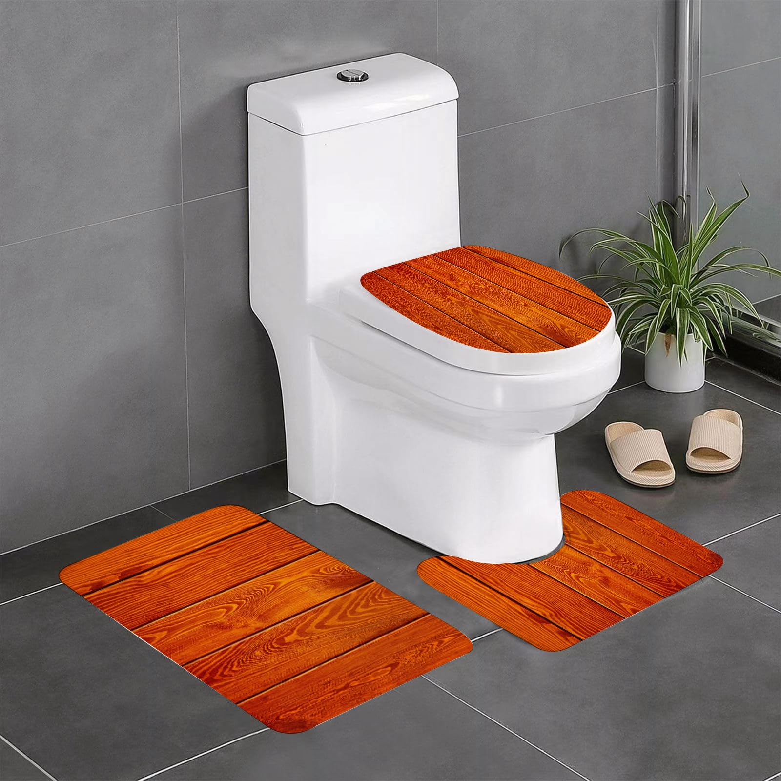 Set di 3 tappetini da Bagno, Lavabili in Lavatrice e Antiscivolo, in Morbida Fibra Superfine, Arancione Bruciato, con Texture Effetto Legno e Motivi Effetto Quercia.
