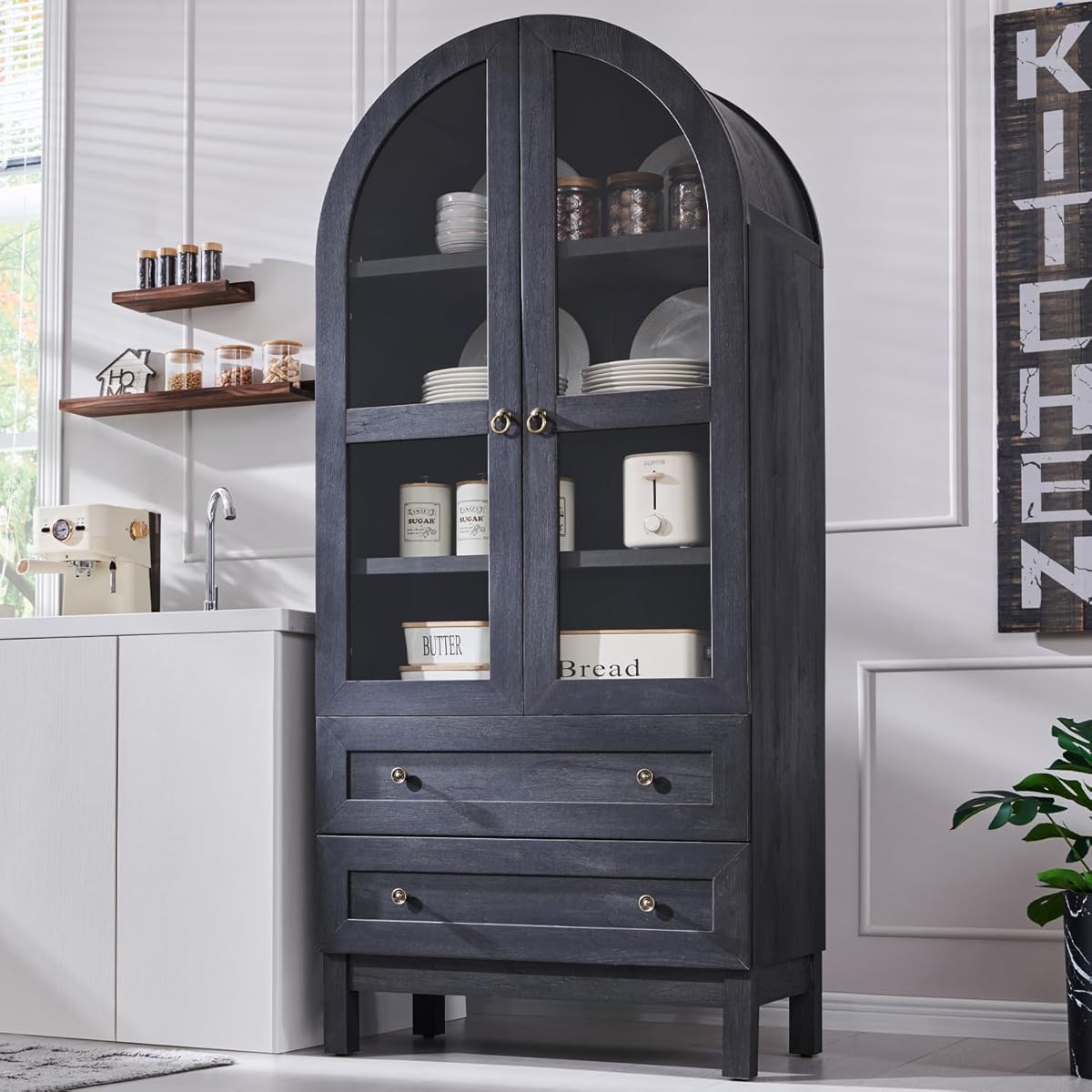 IFGET 71" Tall Arched Kitchen Pantry Cabinet, Wood Kitchens Storage Cabinets with 2 Large Drawers and Adjustable Shelves, Modern Farmhouse Versatile Cupboard for Kitchen, Dining Room, Bathroom, Grey