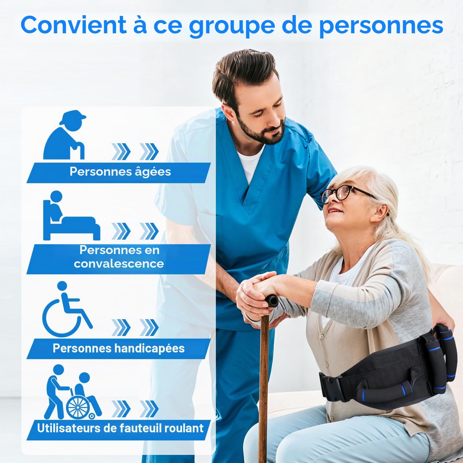 Ceinture de gait avec poignées, ceinture de transfert pour personnes âgées, ceintures de guise pour patients, ceintures de guêtre pour personnes âgées, poignées en caoutchouc