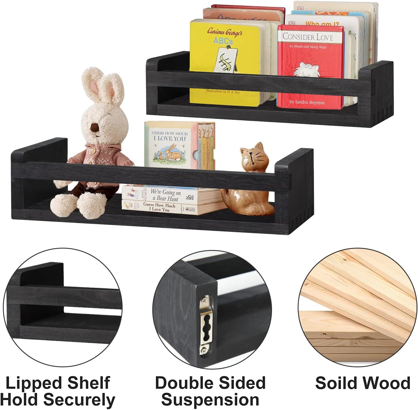 Y&ME YM Floating Book Shelves for Wall, Book Shelf for Wall Set of 2, Wood Nursery Book Shelves for Room Décor, Floating Shelves for Bathroom, Living Room, Bedroom, Kitchen, Kindergarten (Black)