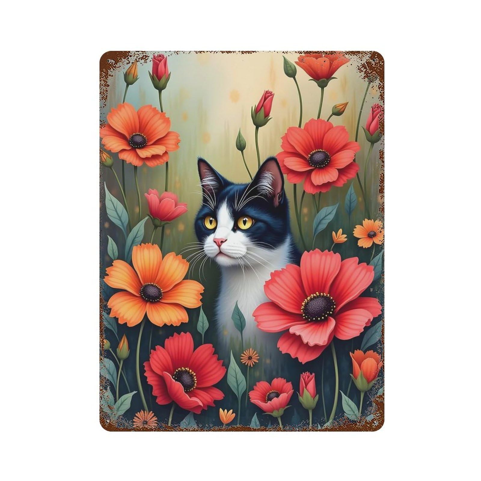 Floral & Feline Harmony Retro Metal Sign 15.7"x11.8", Classic Wall Plaque for Basement, Hobby Room And Garage Decor