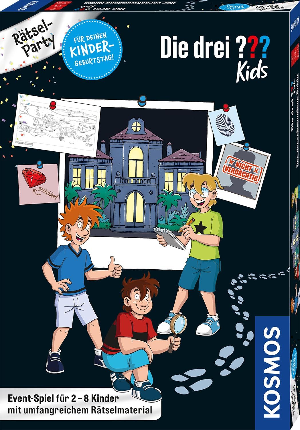 Die drei ??? Kids Rätselparty 683443 von KOSMOS, Geburtstagsparty Set, feiern mit Die drei Fragezeichen Kids und gemeinsam Fall lösen, Komplett-Set für stressfreie Vorbereitung