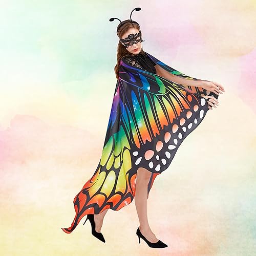 Miniatura 4 de Tibeha Alas de mariposa de Halloween para mujer, disfraz de doble cara con máscara y diadema de antena para adultos