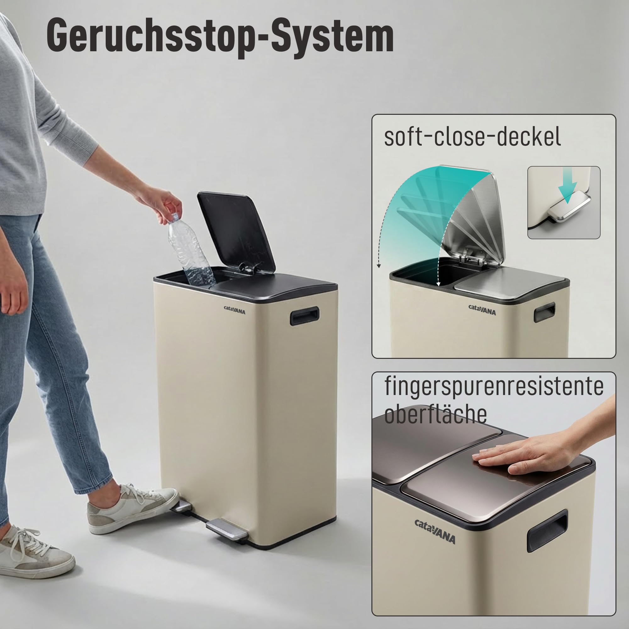 CATAVANA Mülleimer Küche Mülltrennung 2 x 30 Liter - Doppelfach 60 Liter - Moderner Mülleimer für Recycling - Elegantes Design - Beige