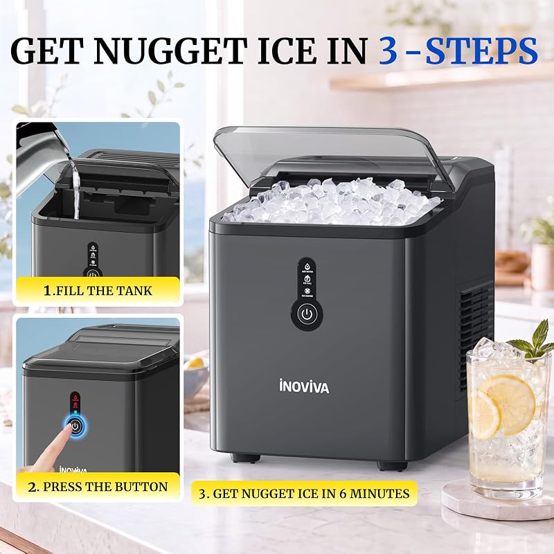 Inoviva Ice Makers Countertop, Nugget Ice Ready in 6 Mins, Self-Cleaning, One-Click Operation, Ice Machine with Smart Infrared Sensing,26.5LBS/Day, Portable Design Ideal for Home, Rv, Office, Party image 4