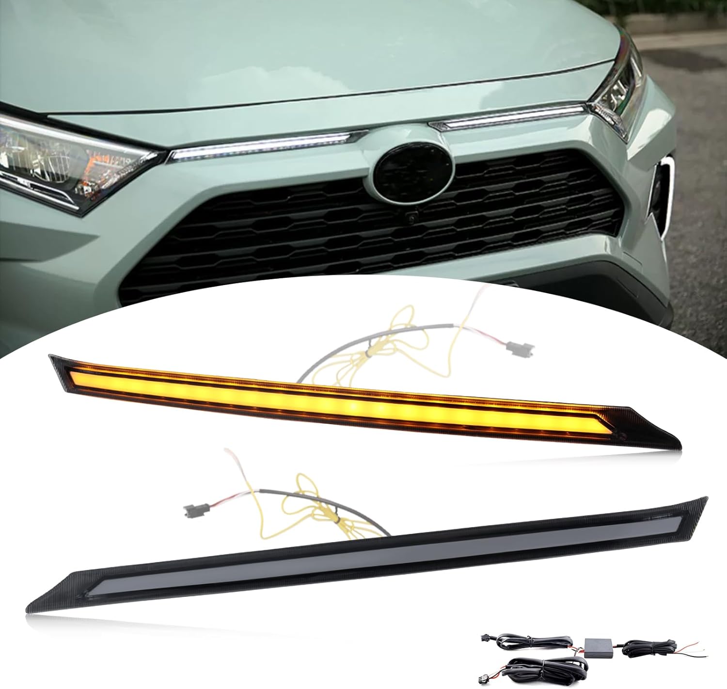BINGIGOO 2PCS Grille Lights LED Bar Front Sequential Switchback LED Daytime Running Lights Compatible with Toyota RAV4 2019-2023 Sequential Amber Turn Signal light (Smoked)