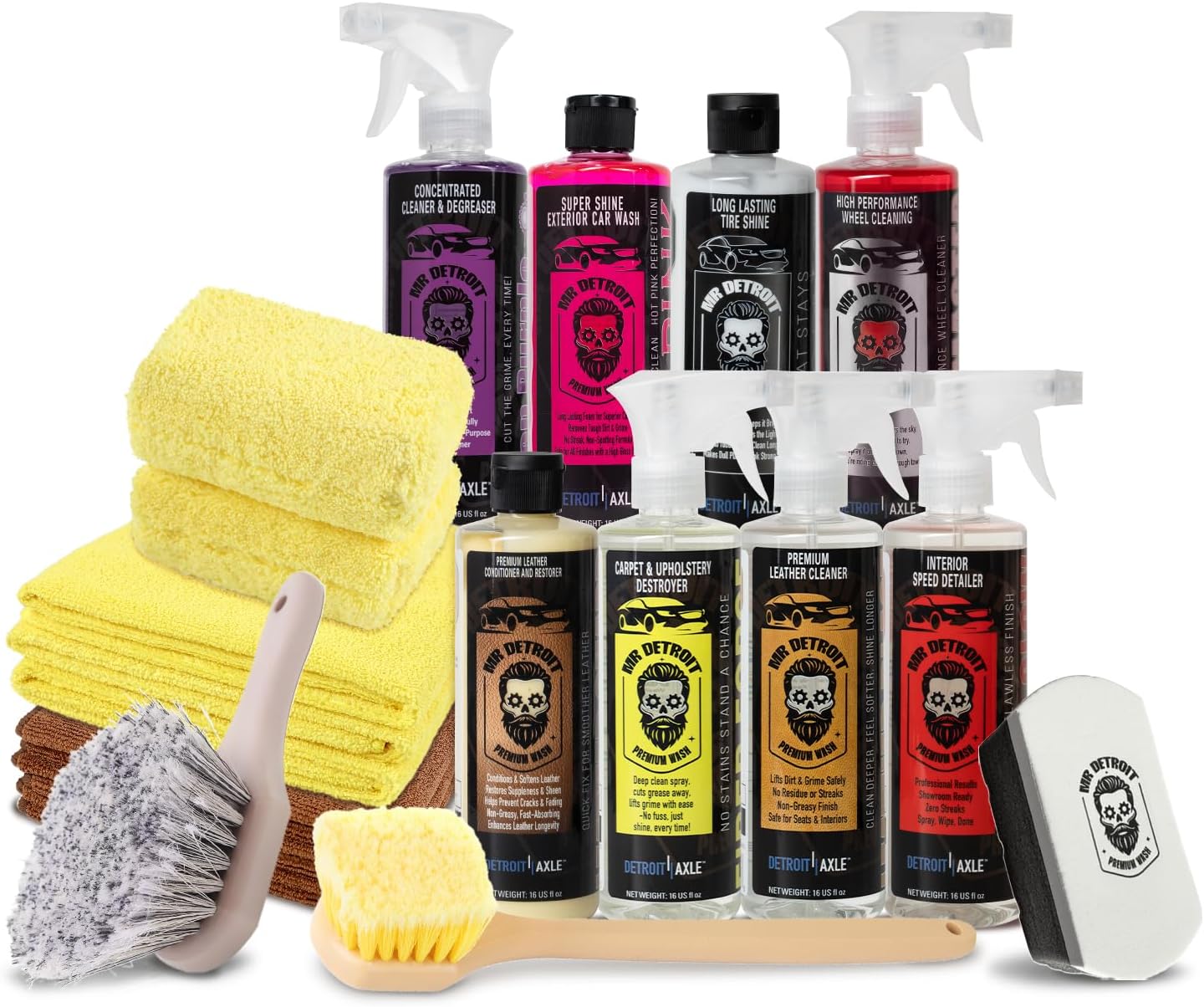 Mr. Detroit - 5pc Car Cleaning Kit with Wheel Brushes and Cleaner, Drill Wheel Brushes, Long Handle Cleaning Brush, Wheel Cleaning Tool for Cars, Rims, Trucks, Brakes and Any Other Narrow Spaces