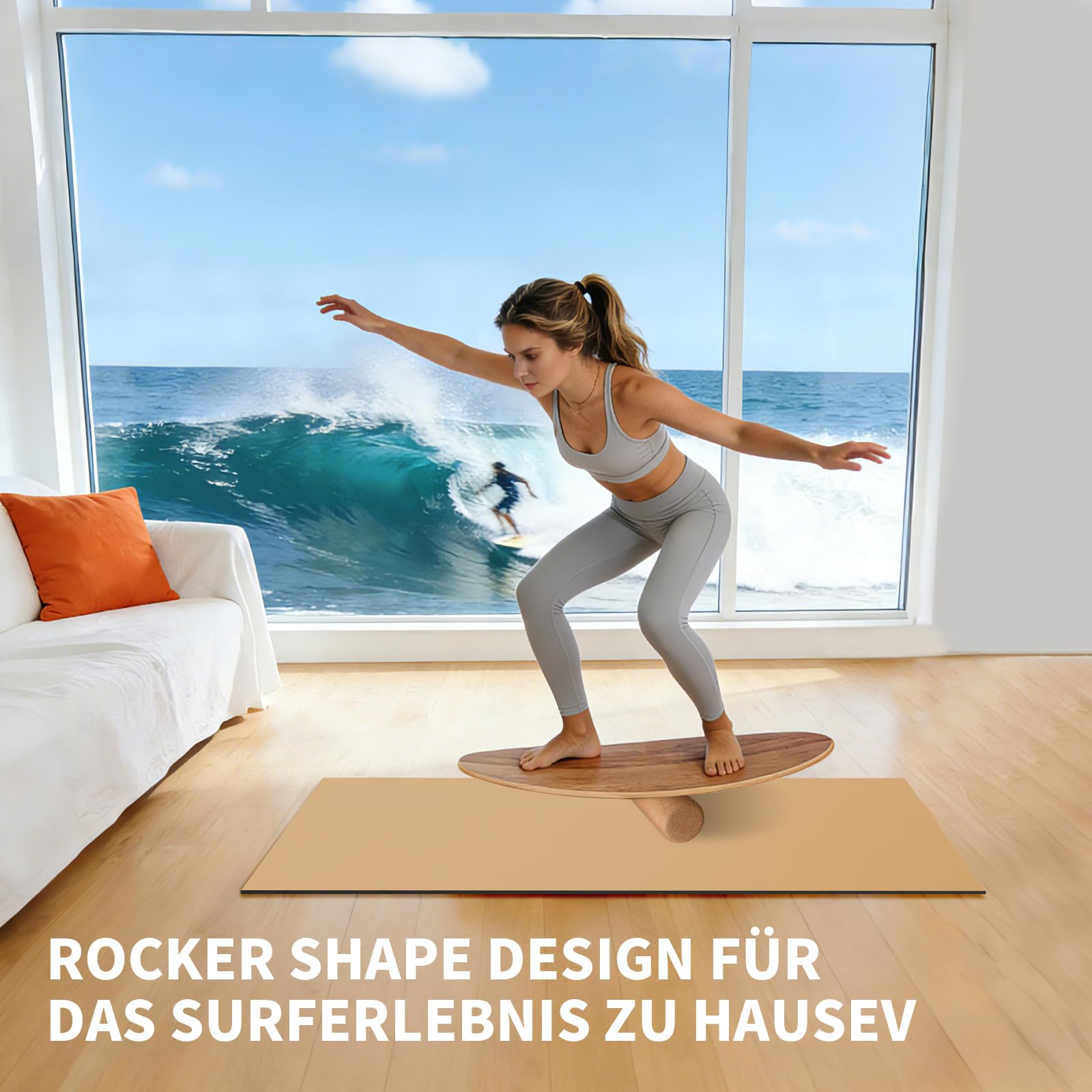 Balance Board aus Holz für Erwachsene – Rocker Shape Design mit rutschfester Oberfläche, inkl. Korkrolle, Halbkugel, Balanceball und Matte