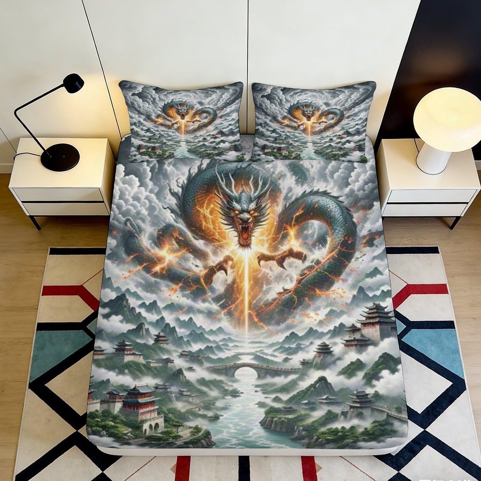 3D Printed Dragon Storm Fitted Sheet Microfiber Anti-Slip Bed Cover for Bedroom Dorm Easy Care Decorative 90x200x25cm