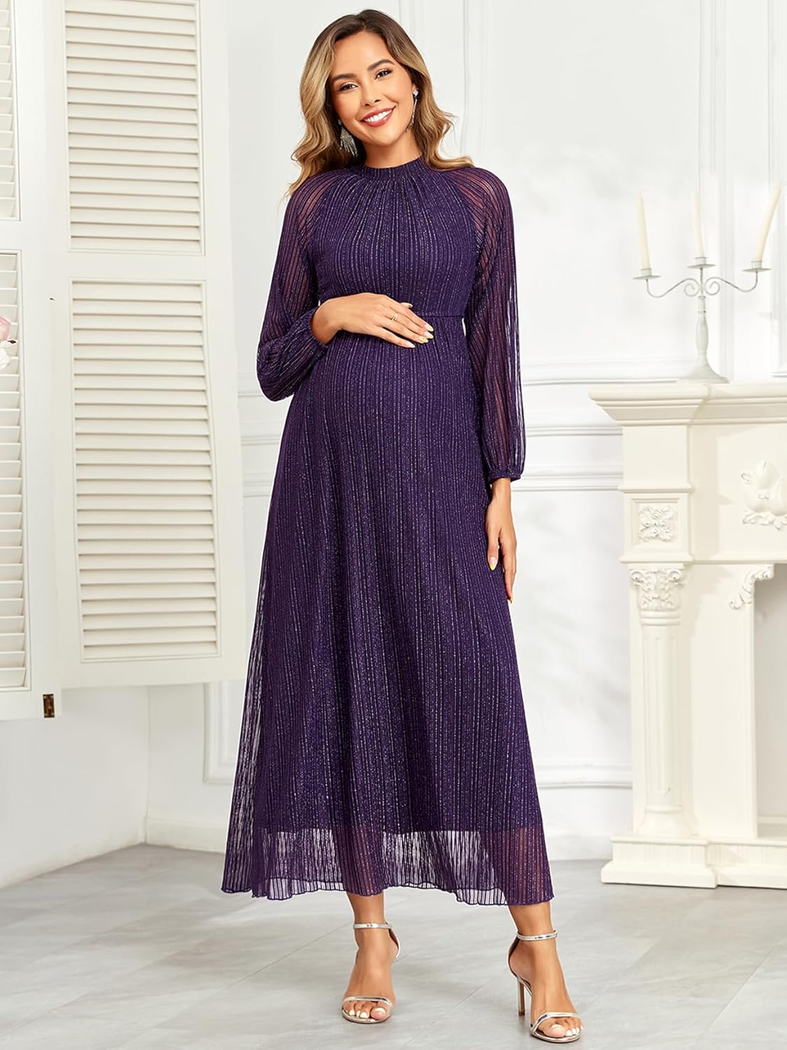 CYCLAMEN Formal Maternity Dress Sparkly Halter Neck A-Line Maxi Gown Baby Shower Pregnancy Photoshoot Wedding Guests - Image 2