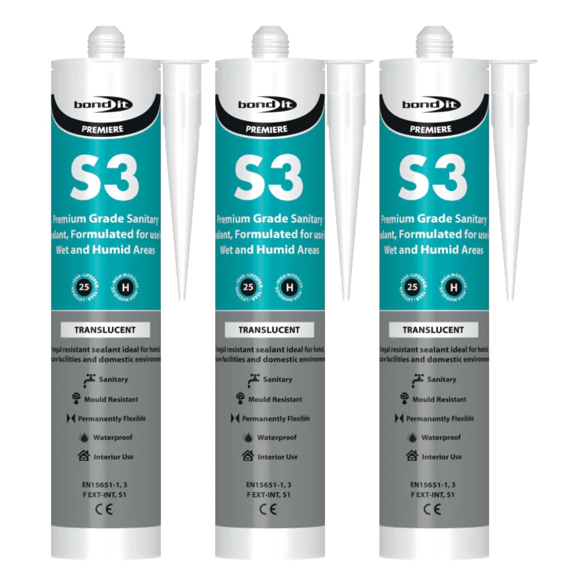 Bond It S3 Sanitary Silicone Sealant – 3x Translucent, 285ml | Premium Sanitary Grade, Mould-Resistant, Waterproof & Flexible Sealant | Ideal for Kitchens, Bathrooms & Humid Areas