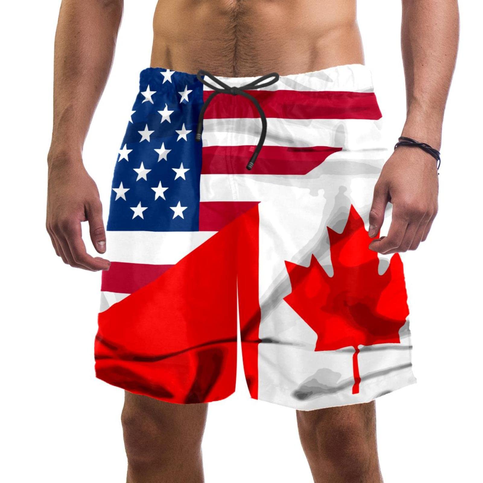 WOSHJIUKMen's Shorts Swim Trunks Quick Dry,Canadian USA Flag Wave,Board Short Outdoor Walk Beach Swimwear