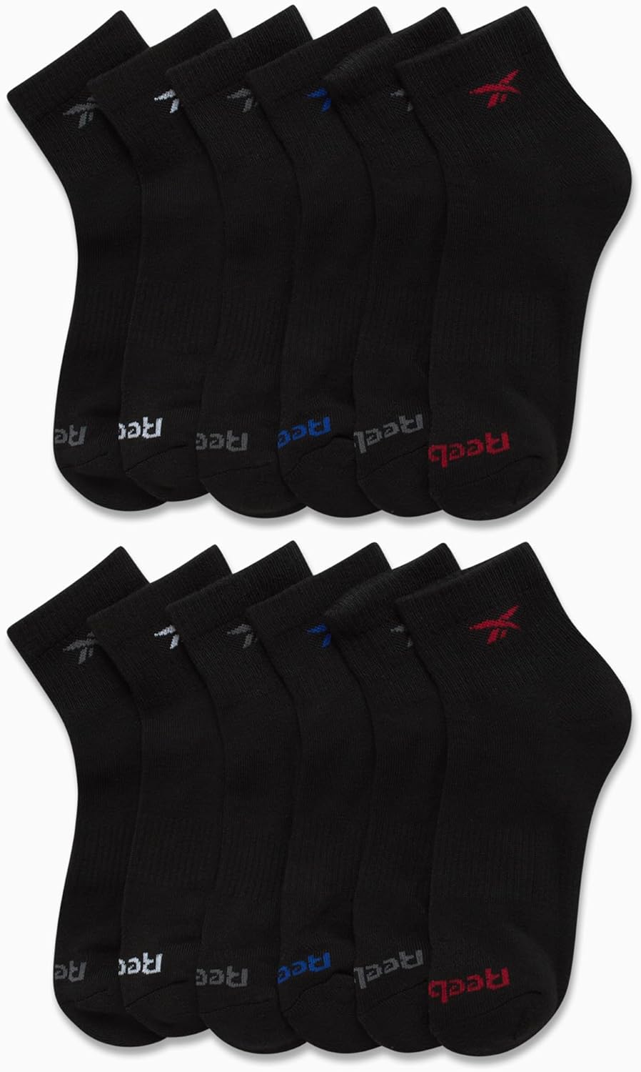 Reebok Boys Quarter Socks - 12 Pack Stretch Performance Quarter Cut Arch Support Cushioned Athletic Socks for Boys