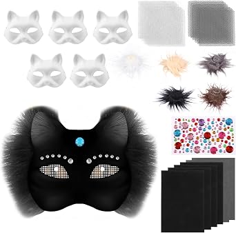 Therian Mask Kit, DIY Blank Cat Masks with Felt Fabric, Fur & Eye Mesh, Costume Mask for Masquerade Cosplay Party