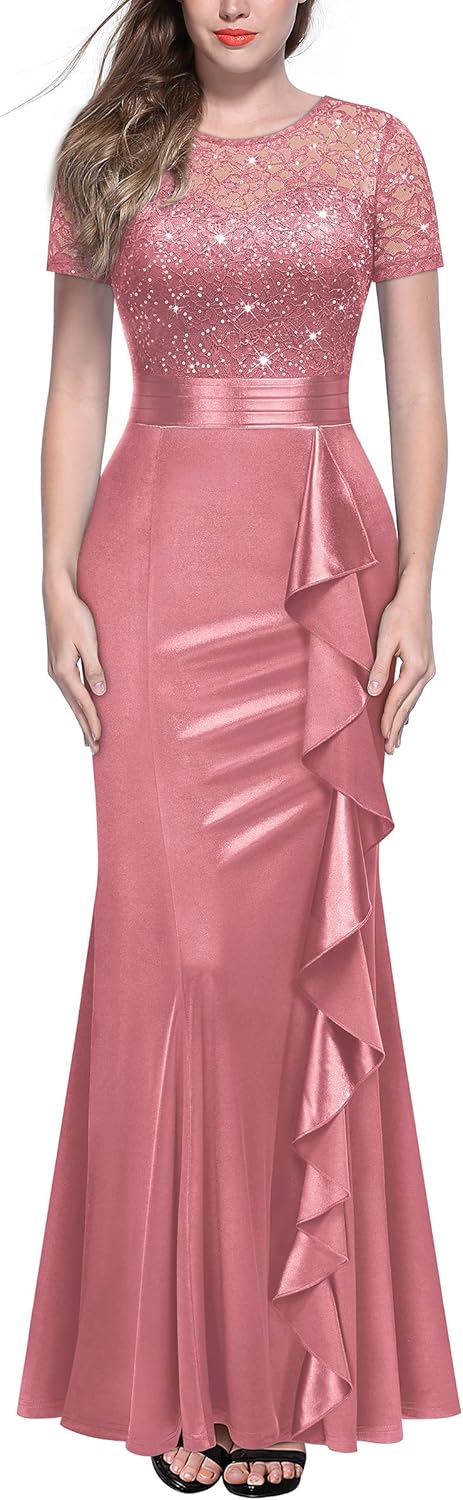 Miusol Women's Elegant Sequin Lace Contrast Ruffle Style Formal Evening Long Dress