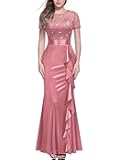 Women's Elegant Sequin Lace Contrast Ruffle Style Formal Evening Long Dress