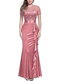 Women&apos;s Elegant Sequin Lace Contrast Ruffle Style Formal Evening Long Dress