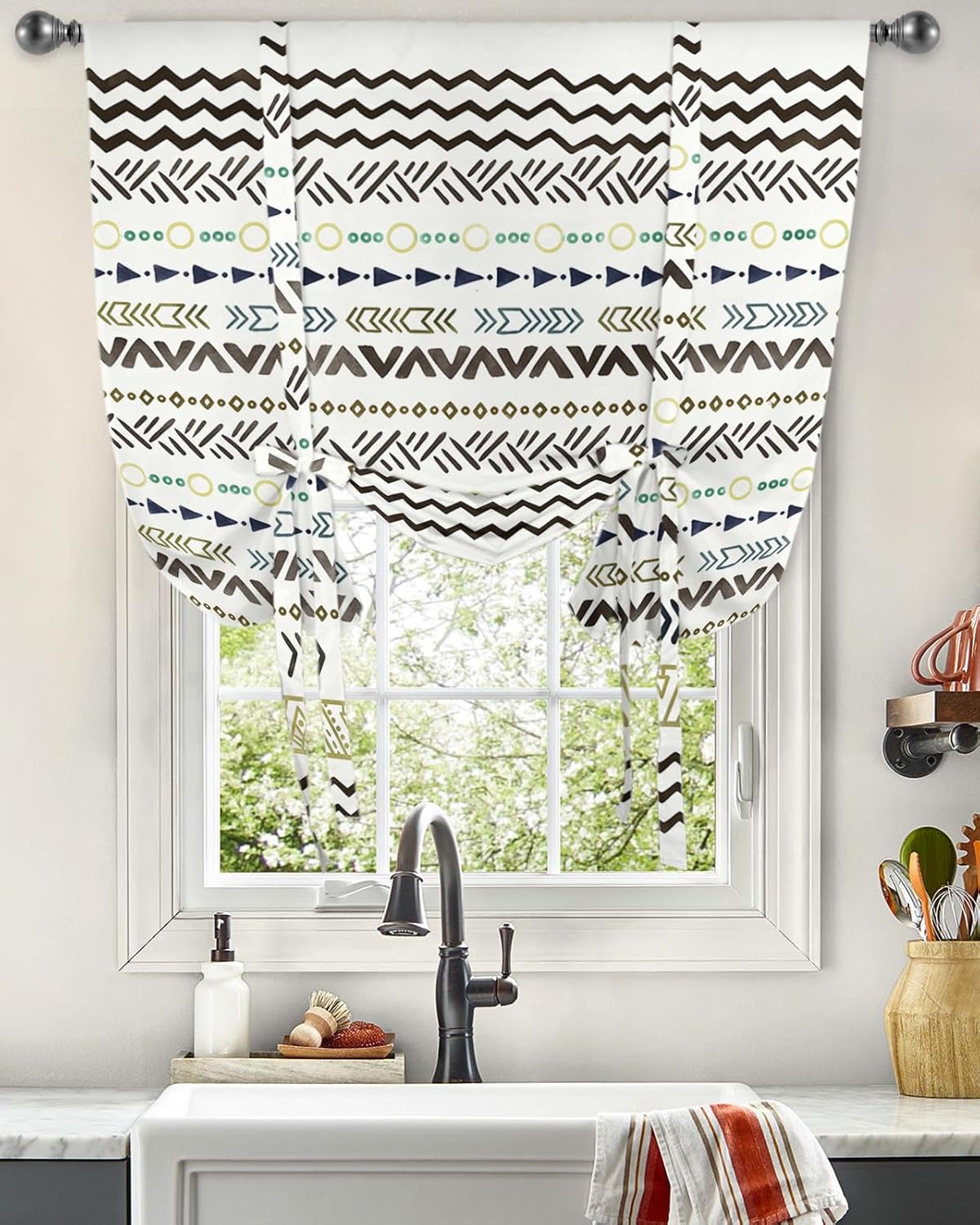 Bohemian Tie Up Window Shade Curtain Retro Geometric Striped Kitchen Adjustable Balloon Curtains Shades Drape 52x63In for Living Room/Bedroom/Cafe Windows Ethnic Triangle Herringbone