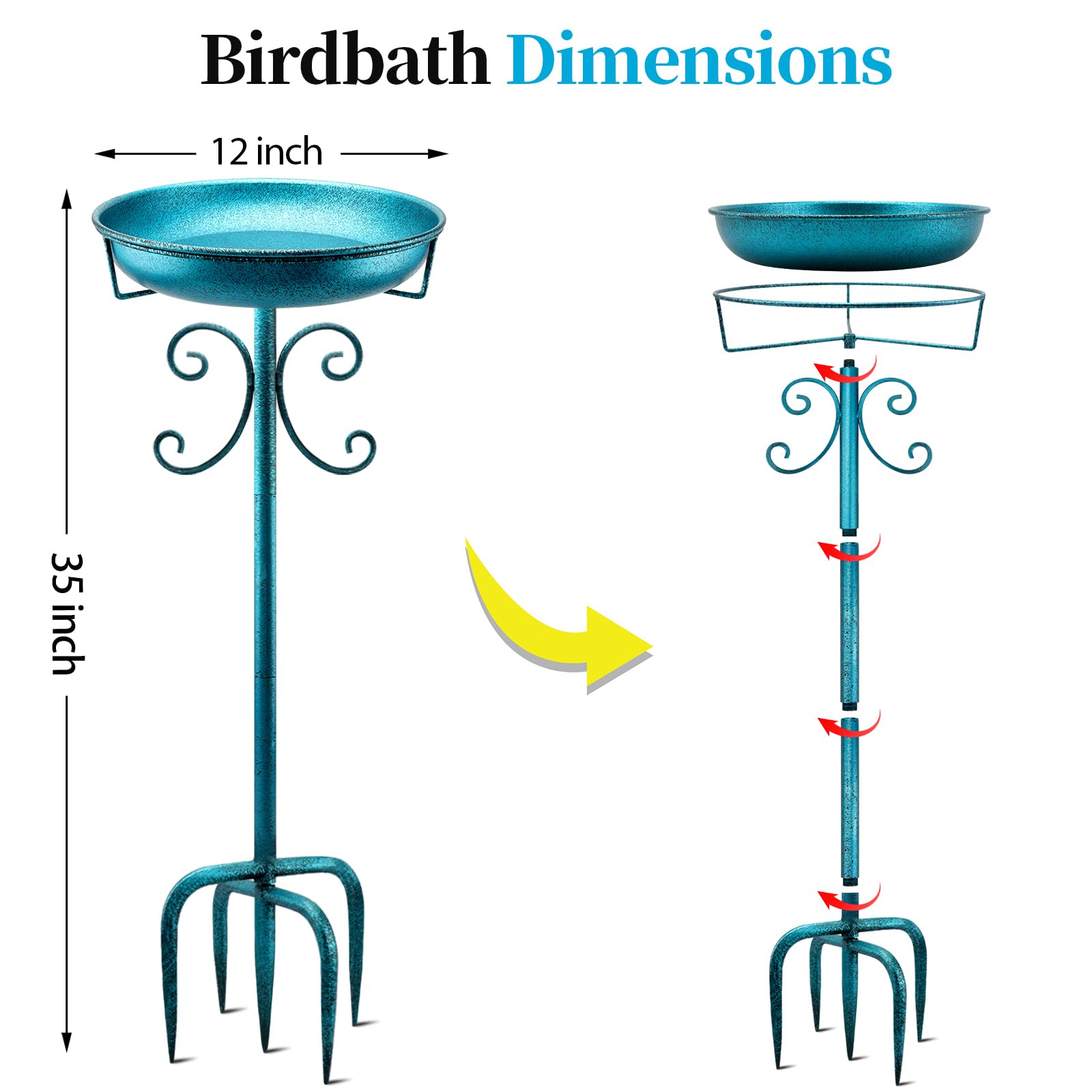 Daoeny Baño de metal para pájaros de 35 pulgadas para exteriores, bañeras para pájaros y comedero de pájaros, cuenco para exteriores, jardín, patio, decoración de césped, base mejorada de 5 puntas