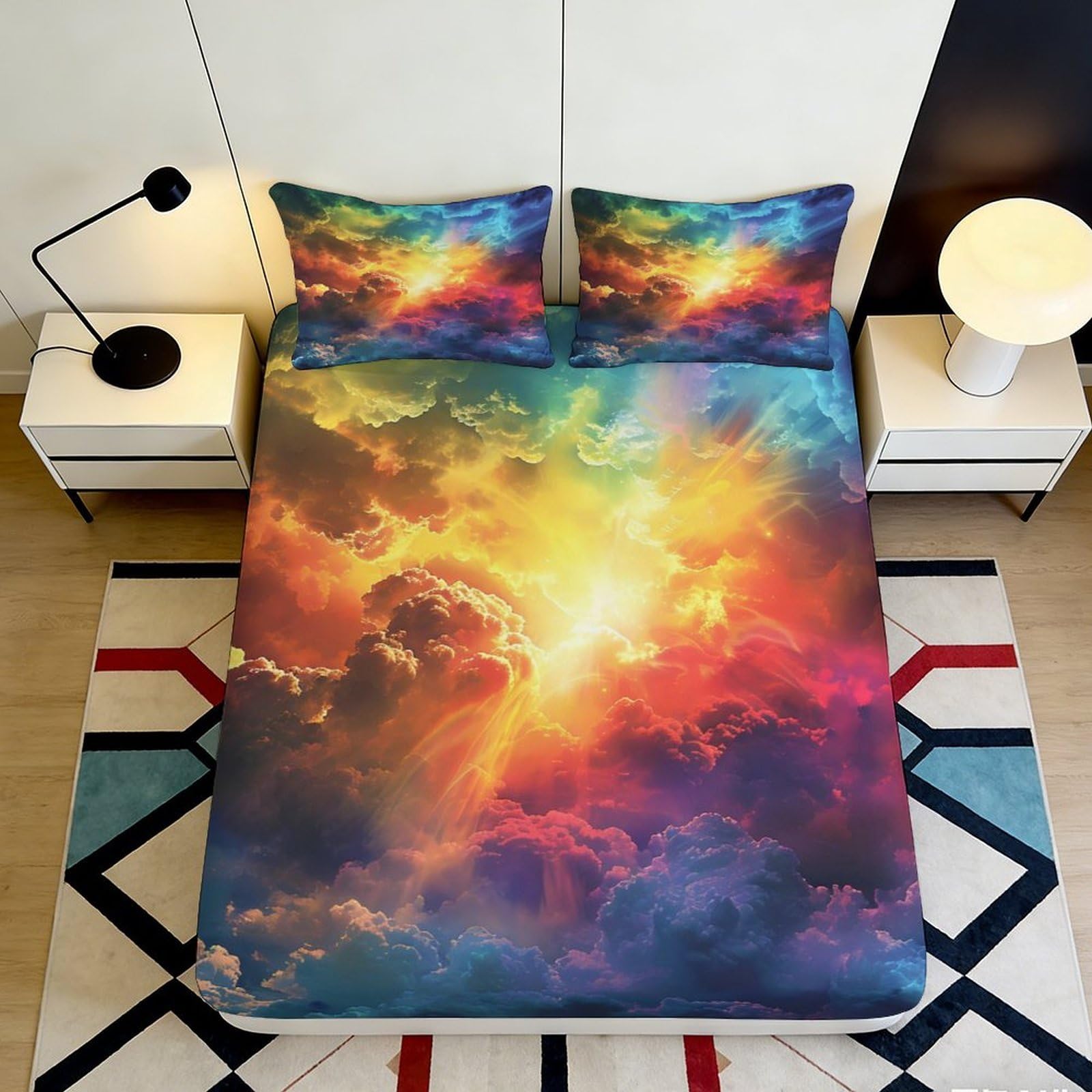 3D Printed Vibrant Sunset Clouds Fitted Sheet Microfiber Soft Breathable Colorful Sky Bed Cover for Bedroom Dormitory Guest Room Mattress Protection 200x200x25cm