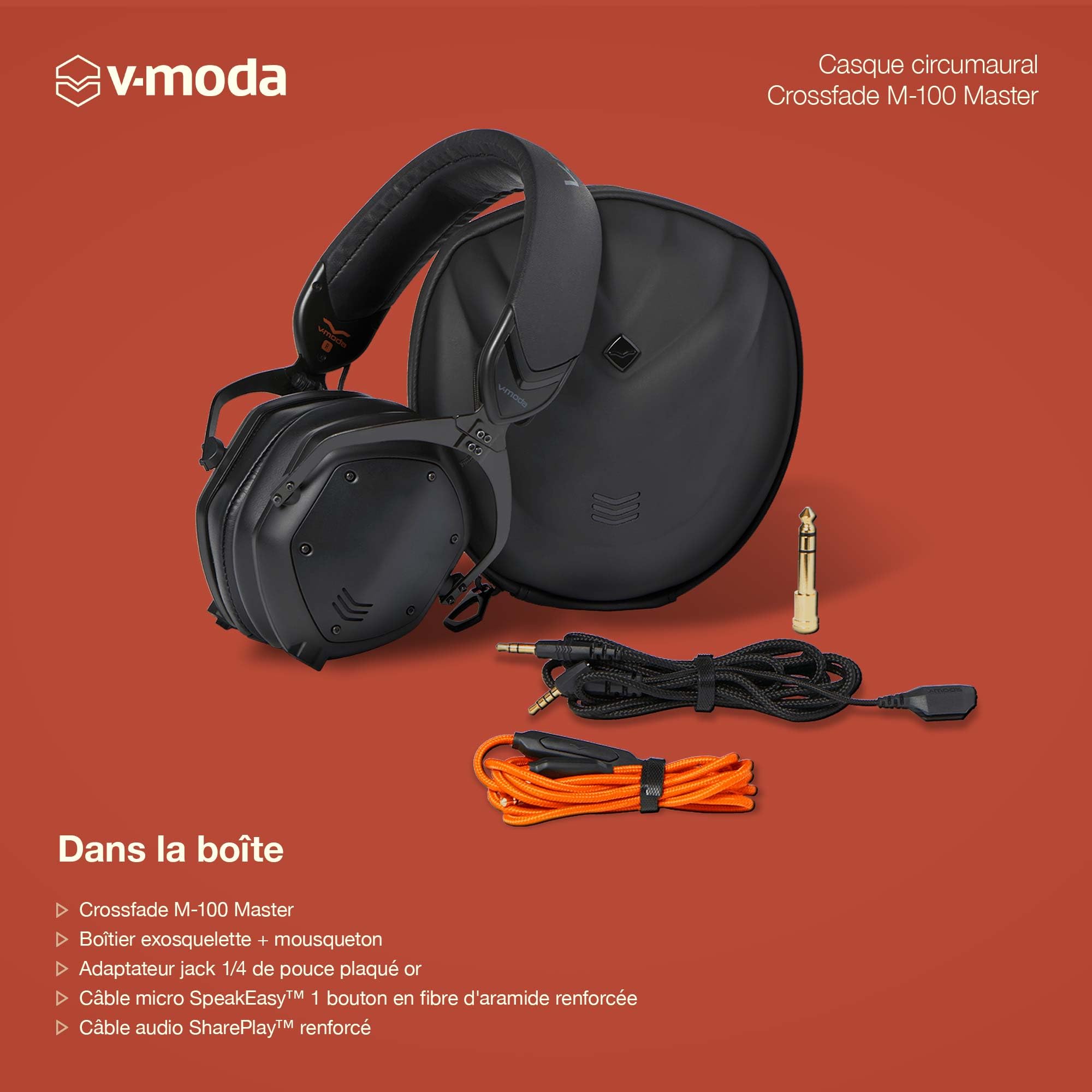 V-Moda Crossfade M-100 Master Casque circumaural à Isolation phonique | Structure métallique, Arceau SteelFlex & résistance améliorée à la Transpiration | Certifié Hi-Res Audio | Noir Mat