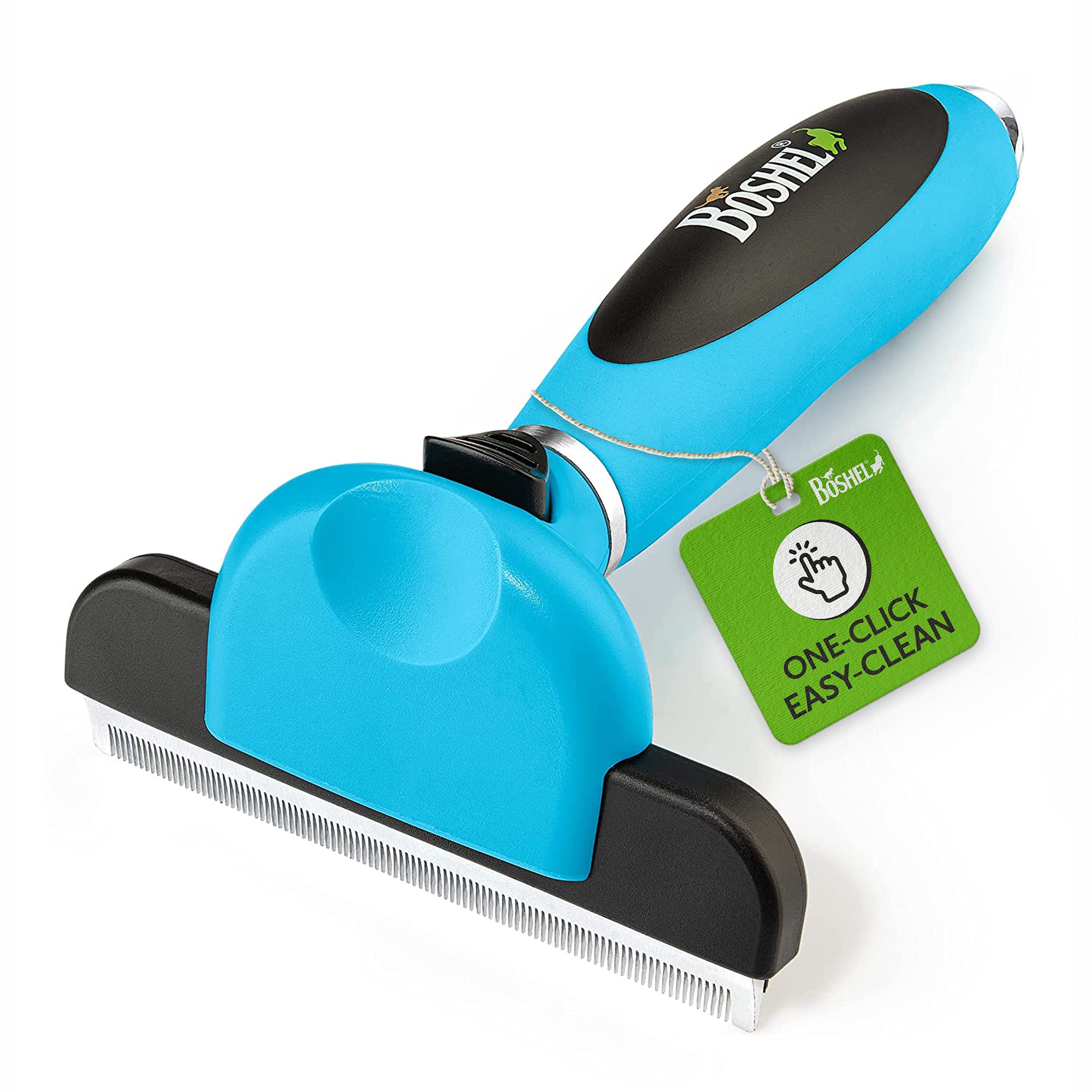 BOSHEL De-Shedding Dog Brush – Upgraded Easy Clean Dog Grooming Brush Reduces Shedding Up To 95% - Anti-Slip Handle - Stainless Steel Undercoat Deshedding Tool For Dogs & Cats of Long & Short Hair Pet