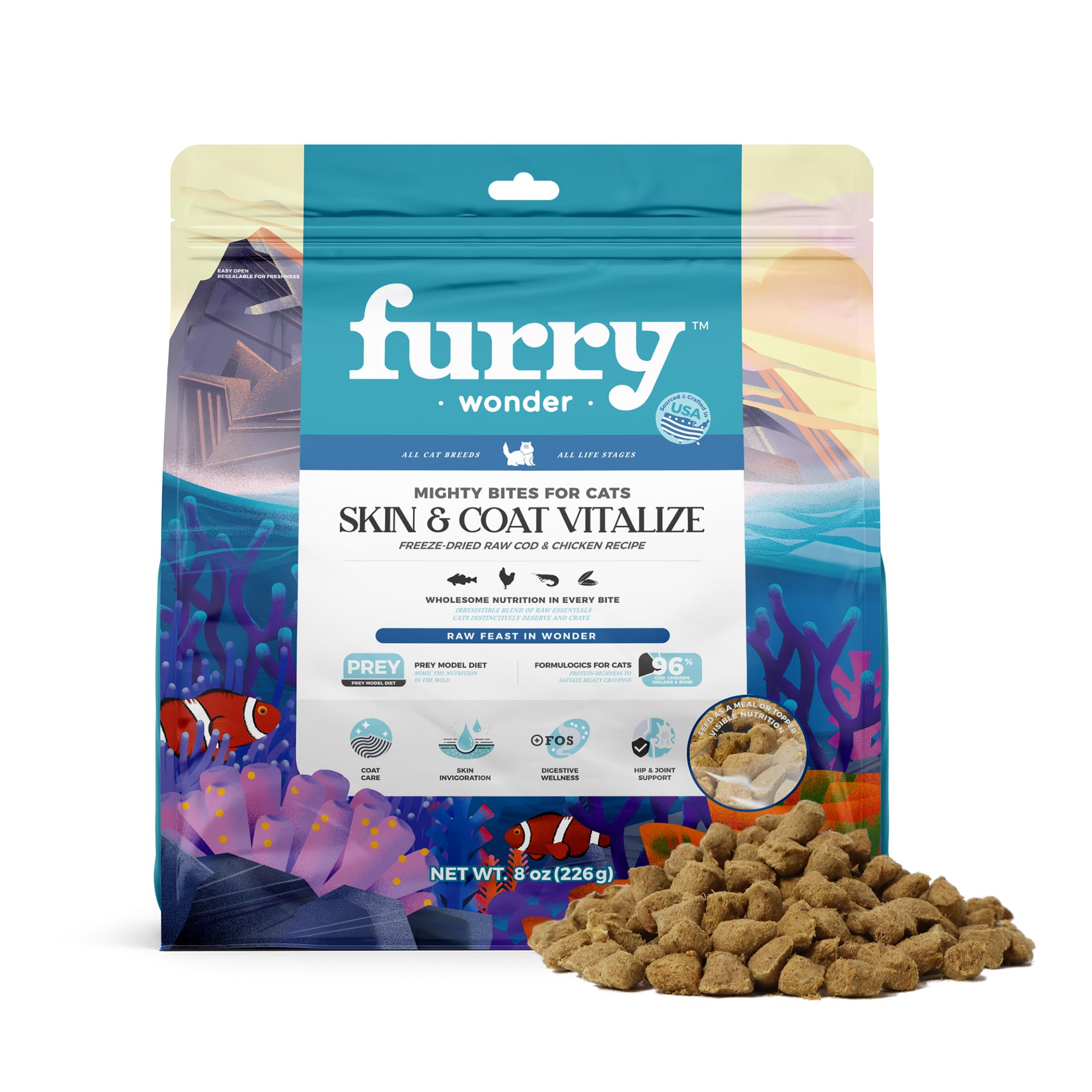 Freeze Dried Raw Cat Food Cod and Chicken Recipe 8 Ounce, USA Made High Protein Grain Free Cat Food for Complete Meal or Food Topper, Freeze Dried Raw Diet for Skin & Coat Vitalize