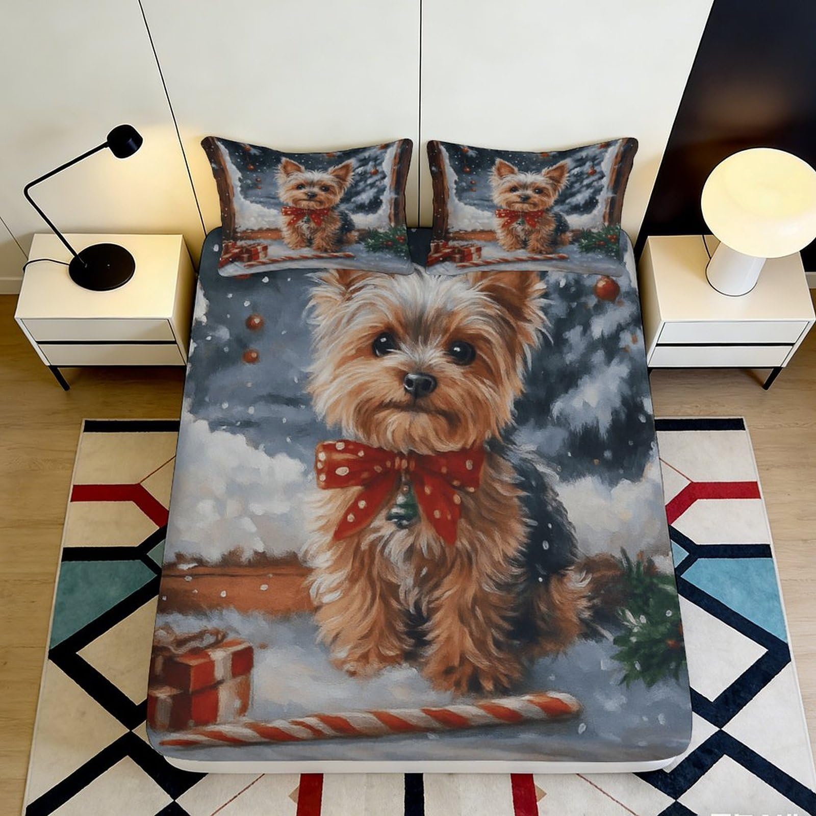 Dhbaneiok Style-7 3D Printed Yorkshire Terrier Fitted Sheet Microfiber Anti-Slip Bed Cover Pet Bowknot Pattern For Bedroom Guest Room 90X200x25cm