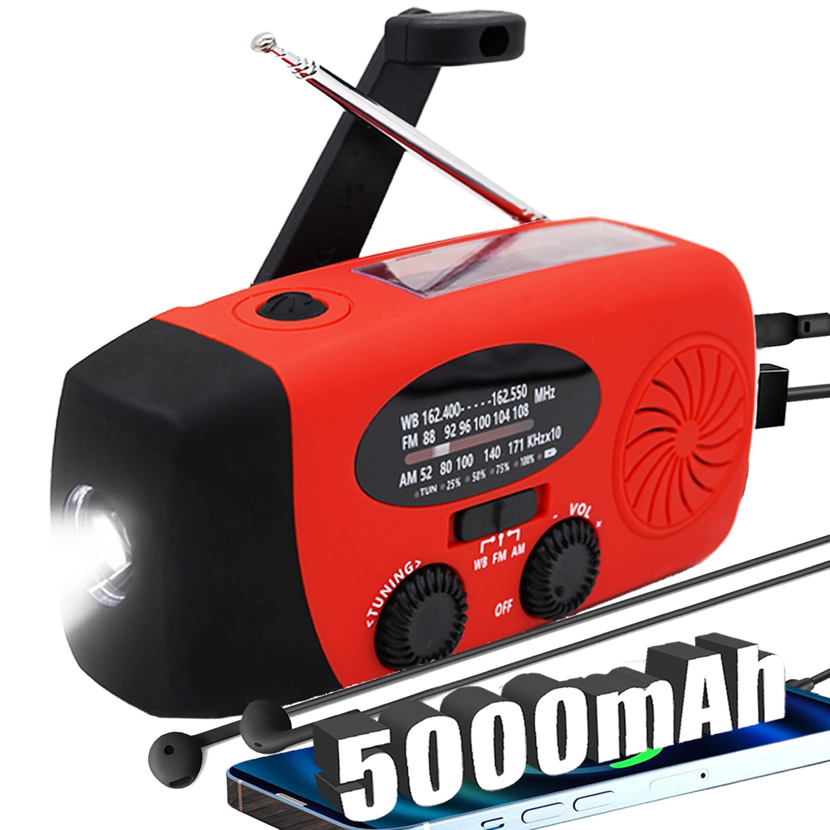 2024 Upgrade 5000mah Alertsync NOAA Weather Emergency Radio with Solar Charging, AM FM Hand Crank Windup Radio SOS Alarm LED Flashlight with Earphone Jack for Home, Camping, Survival Hurricane (Red)-image-34