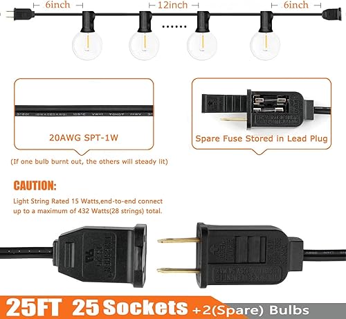 Miniatura 2 de Abeja Tira de luces G40 de 100 pies, tira de luces LED para patio con 52 bombillas LED regulables inastillables, impermeables, conectables, para