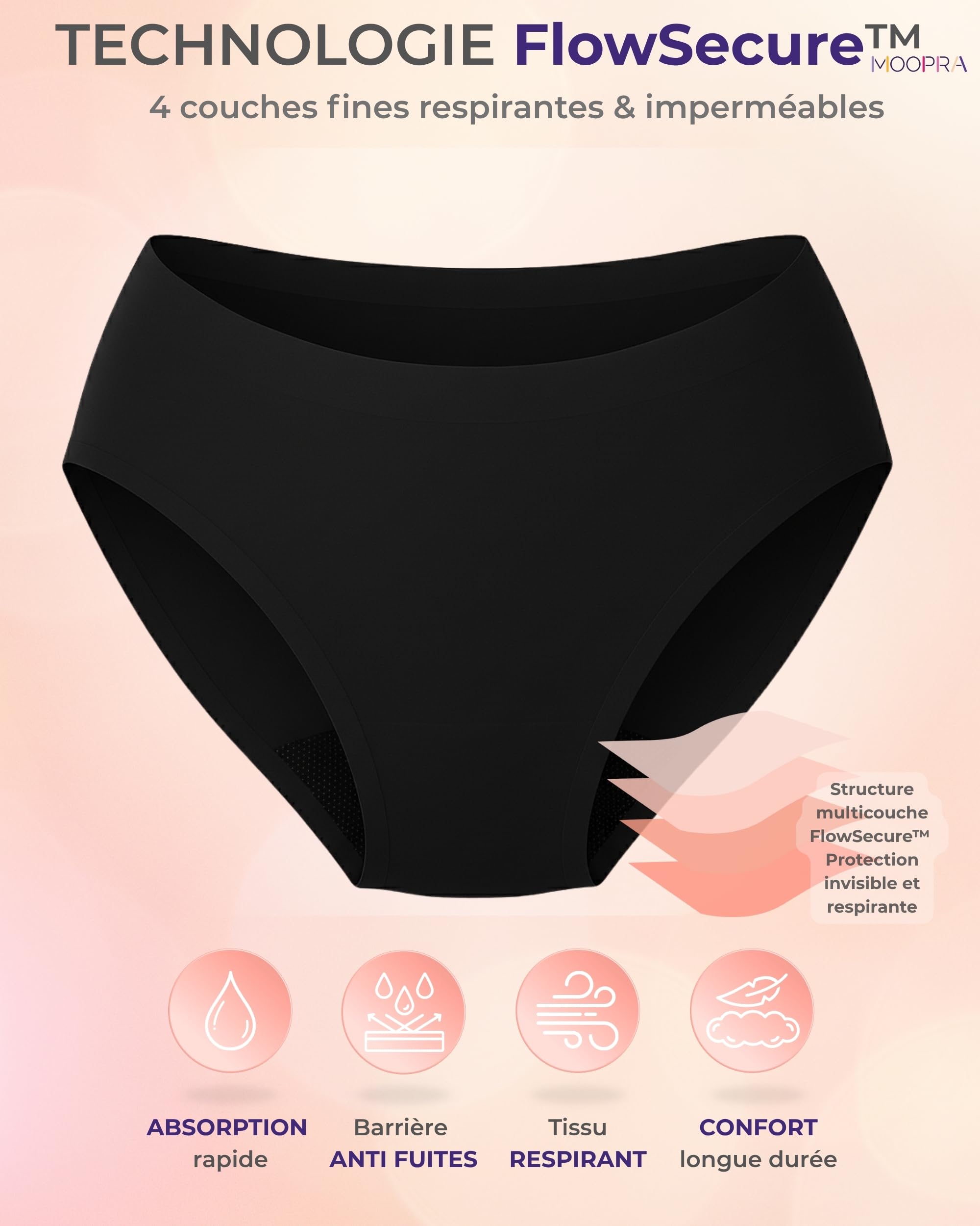 Lot 3 Culottes Menstruelles Sans Coutures | Effet Seconde Peau Invisible Seamless | 4 Couches Ultra Absorbantes avec Bords Renforcés Anti-Fuites | Culottes de règles Lavables Réutilisables & OEKO-TEX