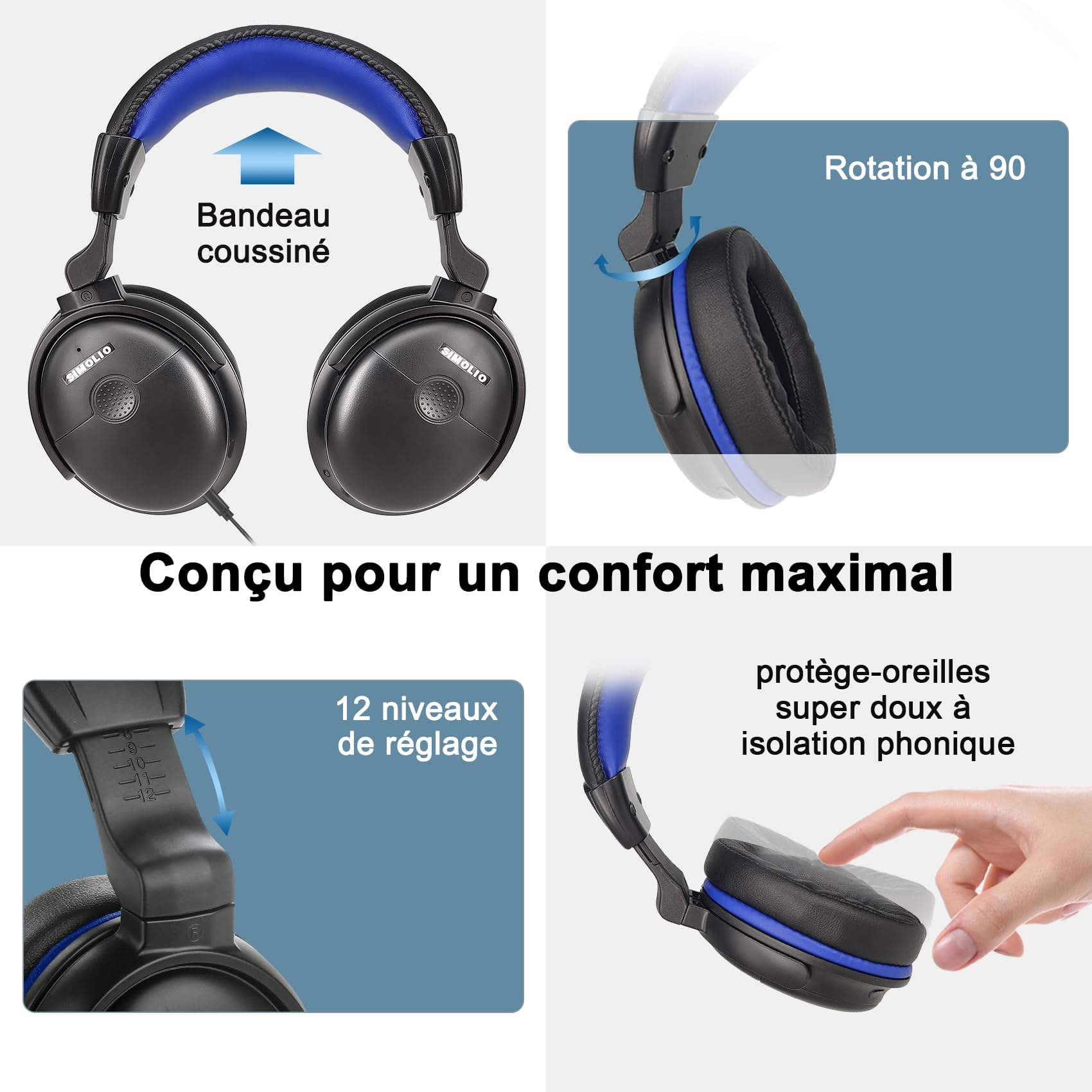 SIMOLIO Casque Circum Auriculaire Filaire pour TV, Son Amplifié,Long Cordon | Dialogues Clairs, Micro, Câble Spiralé Long 5,5 m, Casque TV avec Fil pour Seniors avec Réglage Volume & Clip, Autonomie 40 h
