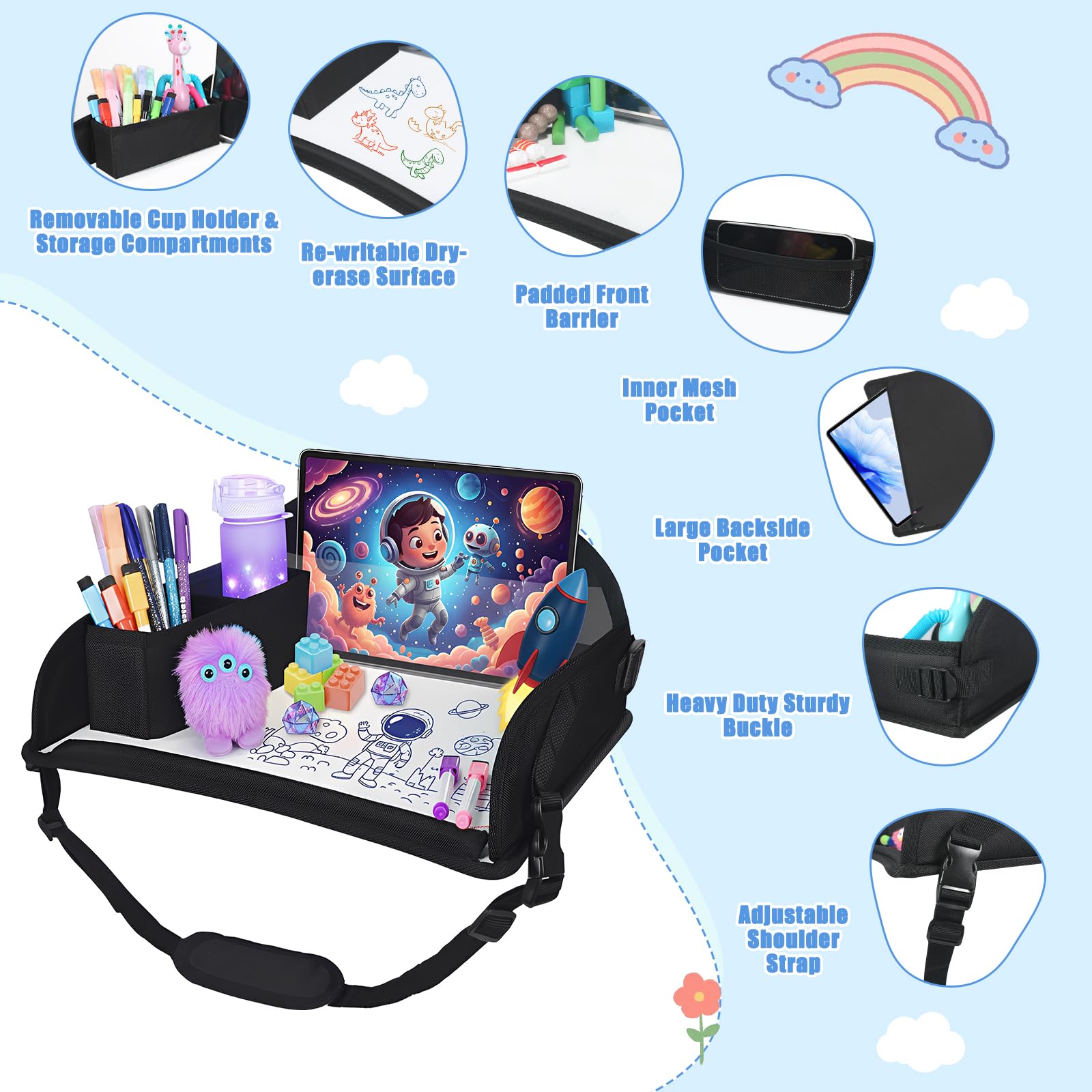 Bandeja de viaje mejorada para niños para asiento de coche, bandeja de viaje para avión, bandeja de mesa para artículos esenciales de viaje para niños, bandeja de regazo para niños pequeños,