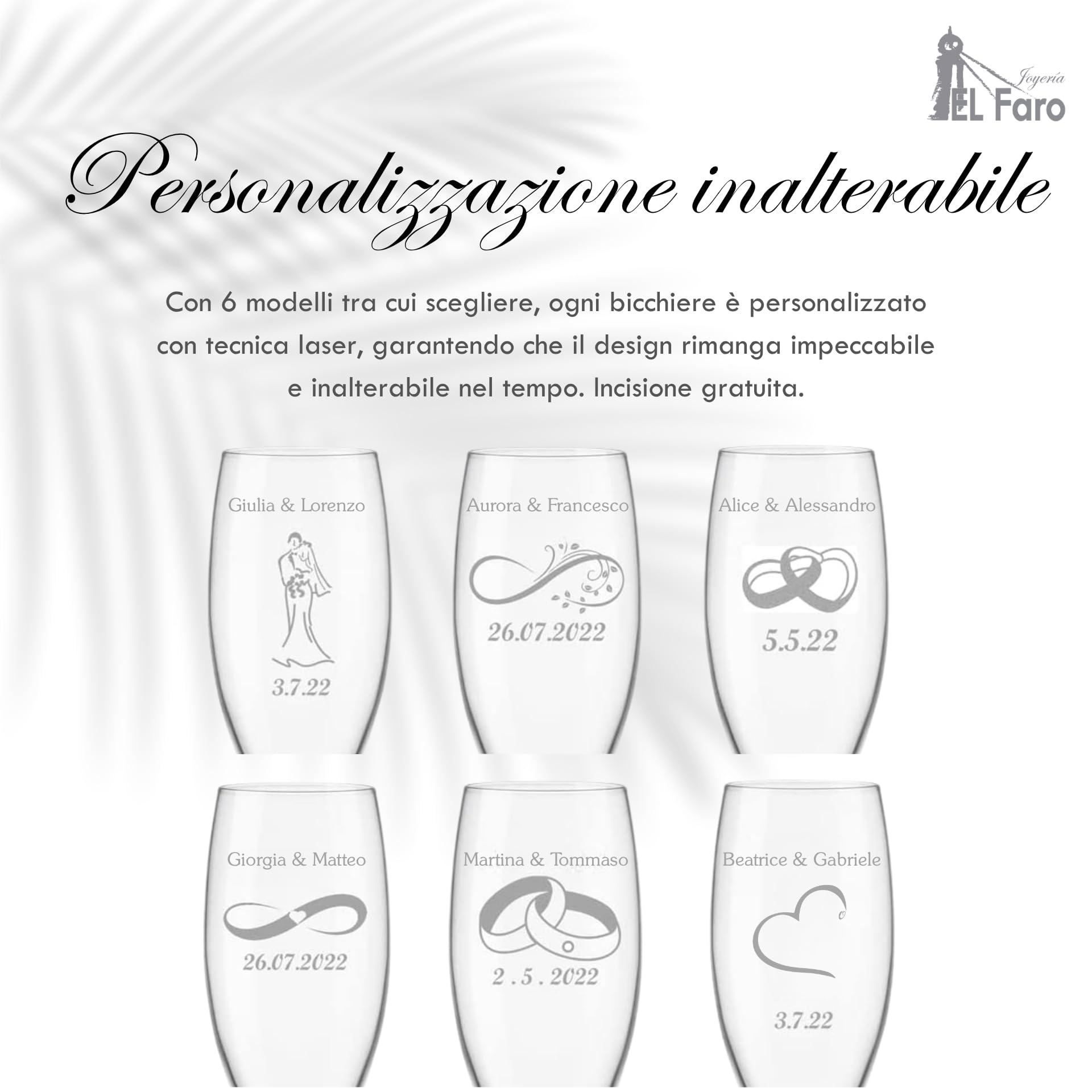 JOYERIA EL FARO | Calici personalizzati per sposi | Incisi con nomi | Cristallo di Boemia ad alta resistenza | Cofanetto premium | Brinda all’amore