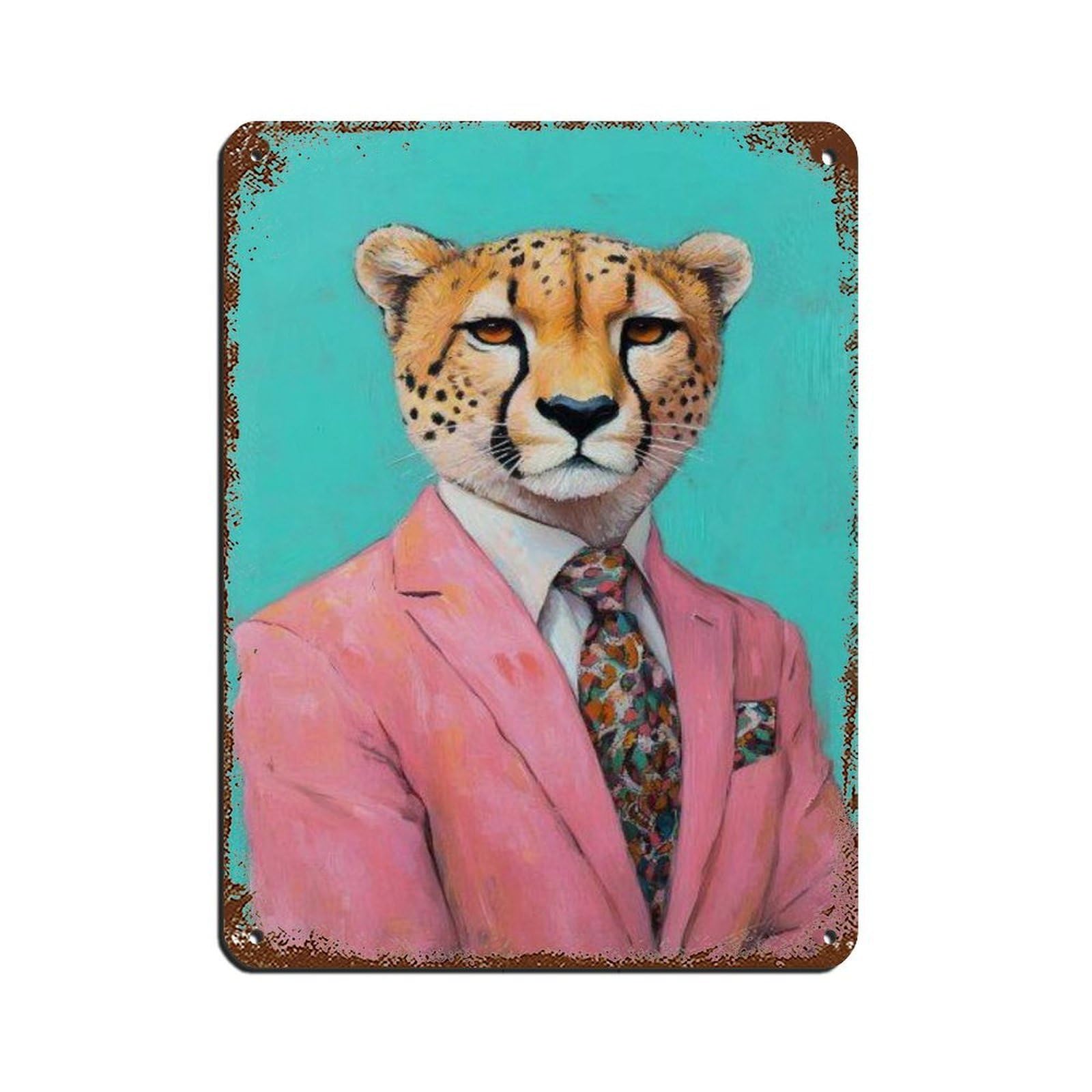 Lxwnze 30L X 40W Cm Cheetah Dressed In Pink Suit, Animal Portrait Tin Sign Vintage Metal Pub Club Cafe Bar Home Wall Art Decoration Poster Retro 12X16inch(30X40cm)