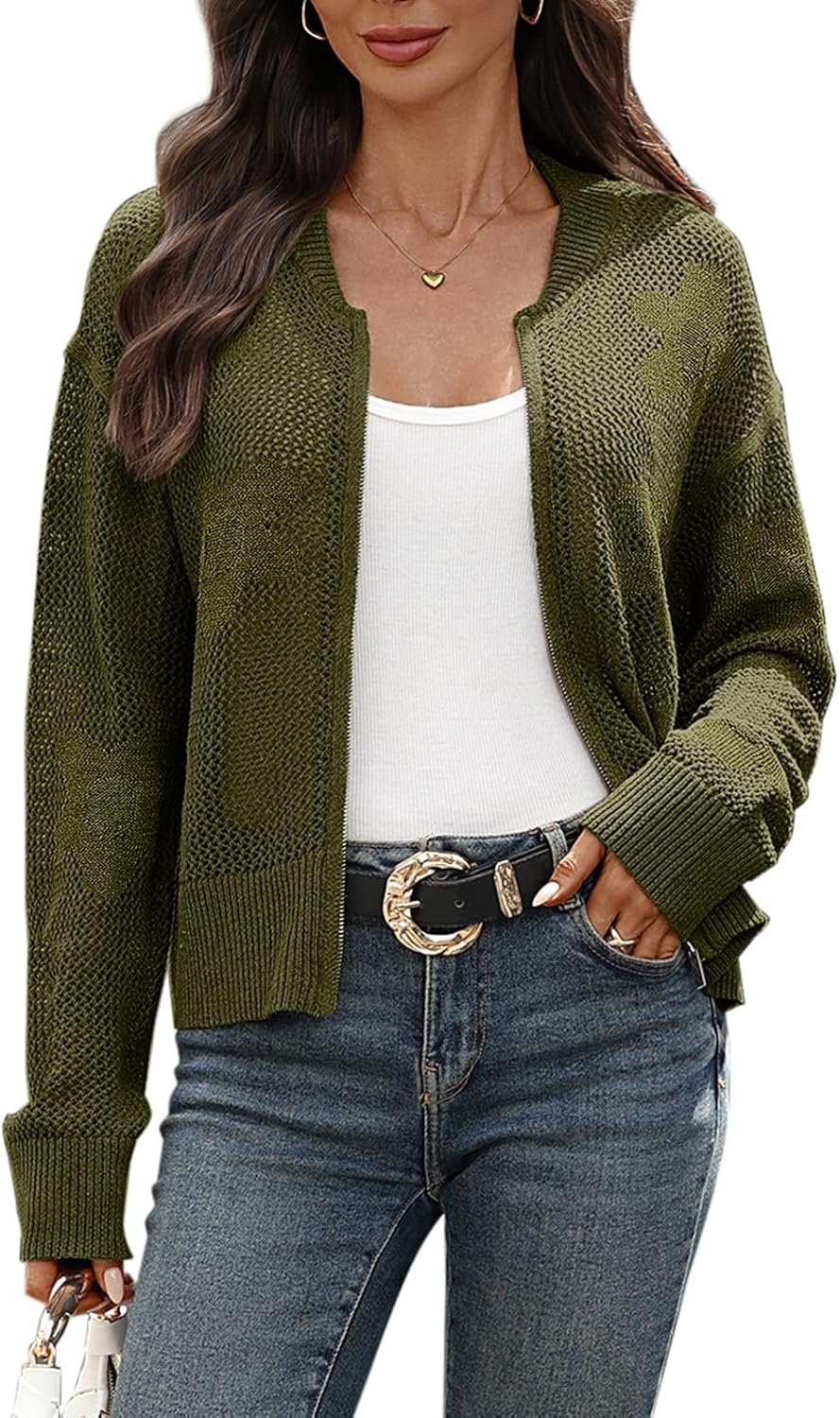 Women's Zip up Sweaters Jacket Floral Crochet Cardigan Knit Ribbed Long Sleeve Sweater Bomber Jacket - Image 2