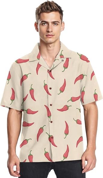 Men Short Sleeve Shirts Red Chili Peppers Cream Button Down Shirt - Lightweight & Breath Hawaiian Shirt
