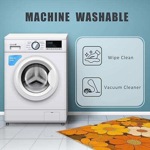 Miniatura 7 de Retro Floral Rug 4x5 - Hippie Groovy Flower Area Rug for Bedroom, Living Room, Home Decor - 70s Orange Groovy Indoor Floor Carpet - Washable & Non