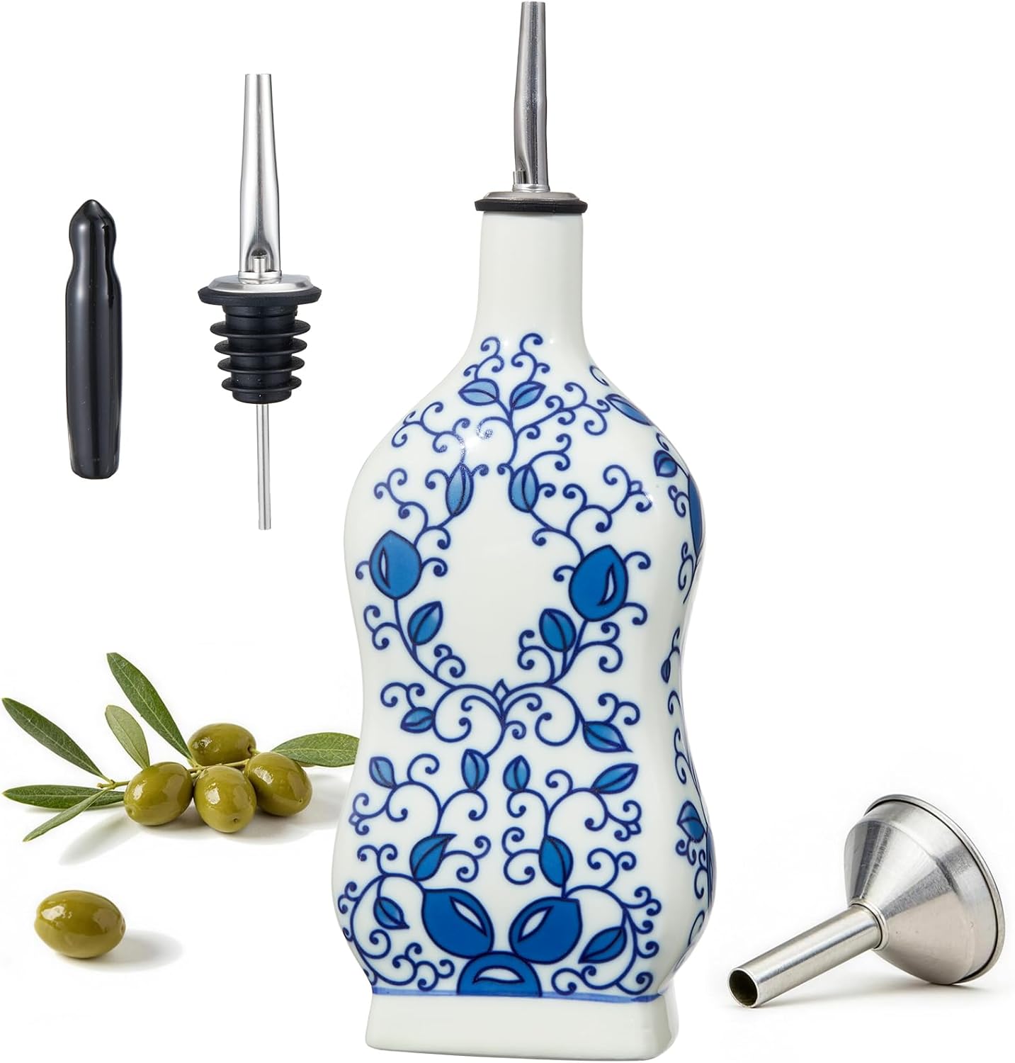 Ceramic Olive Oil Dispenser Bottle for Kitchen with Spout and Funnel, 16 oz Square Shape Blue and White, Oil Container for EVOO, Vinegar, Soy Sauce and Other Liquids