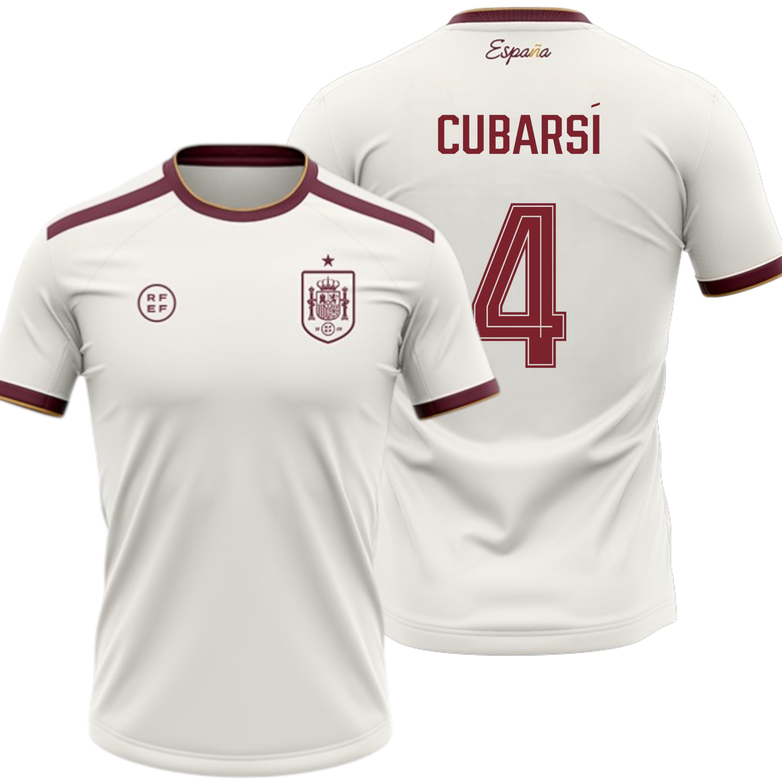 Camiseta España 2026-2028 | Cubarsí 4 Dorsal y Nombre | Color Blanco con Detalles Granate | Manga Corta | Diseño Futbol Aficionados | Tejido Transpirable Deportivo